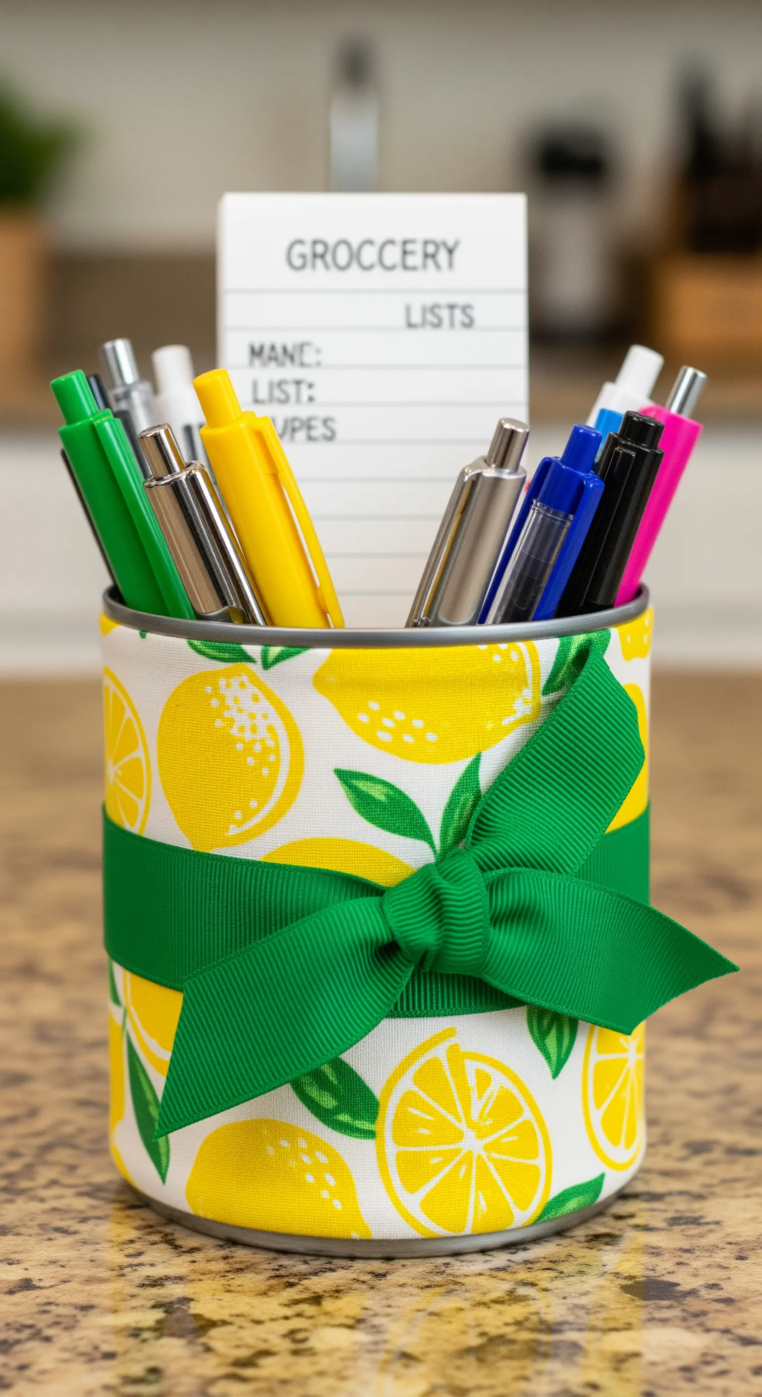 Portapenne con stampa di limoni, decorato con un grande fiocco di nastro verde.