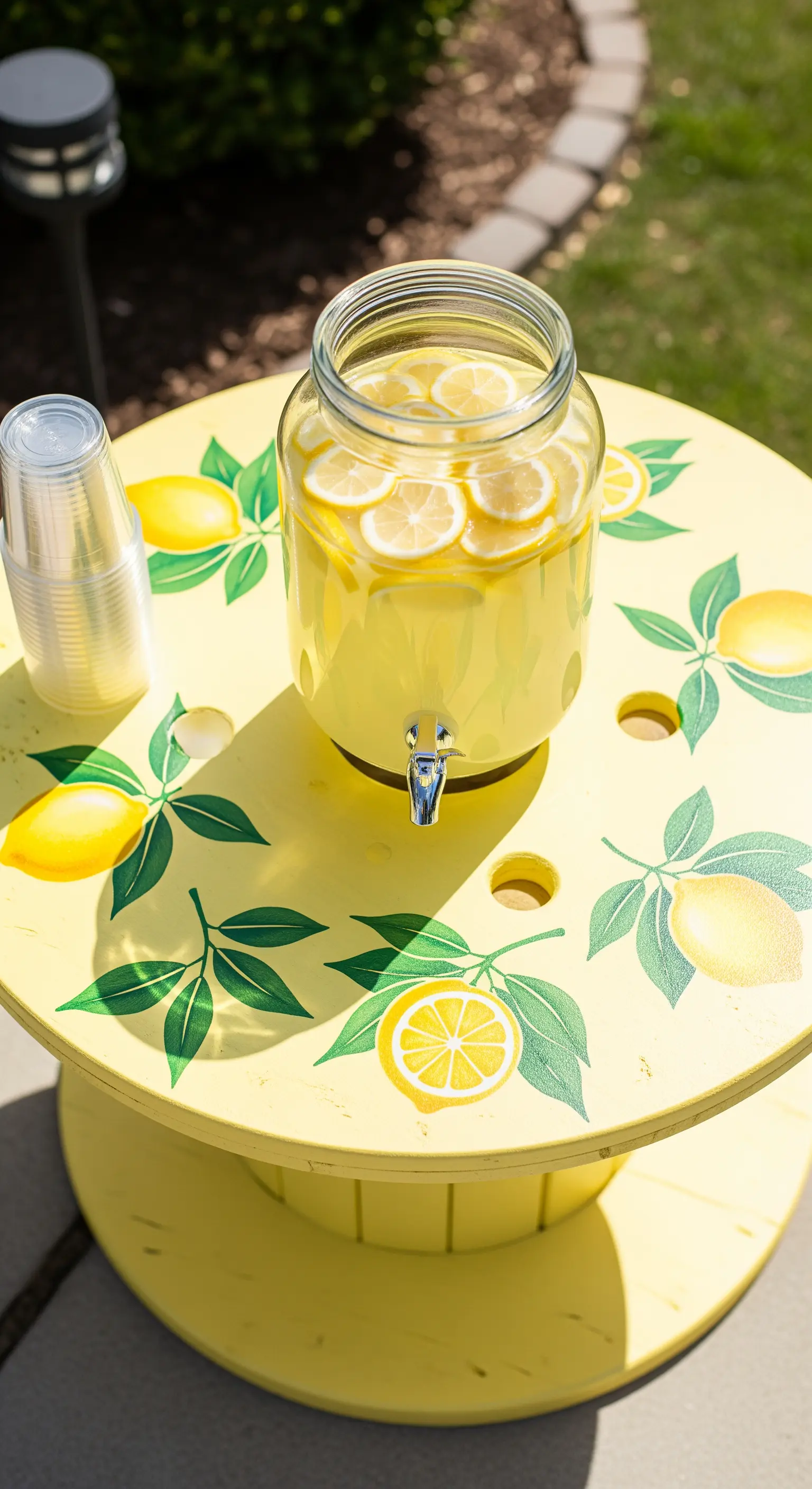 Tavolino giallo brillante dipinto con un motivo di limoni e foglie, con sopra un dispenser di limonata.