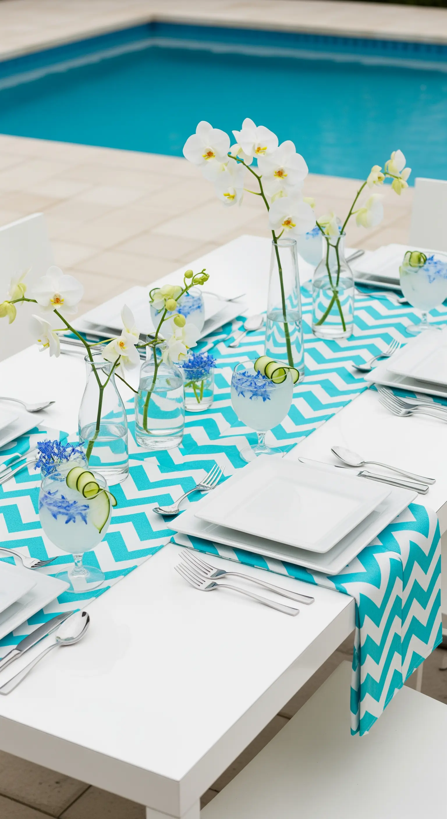 Tavola a bordo piscina con runner a zig-zag turchese e orchidee bianche in vasi di vetro.