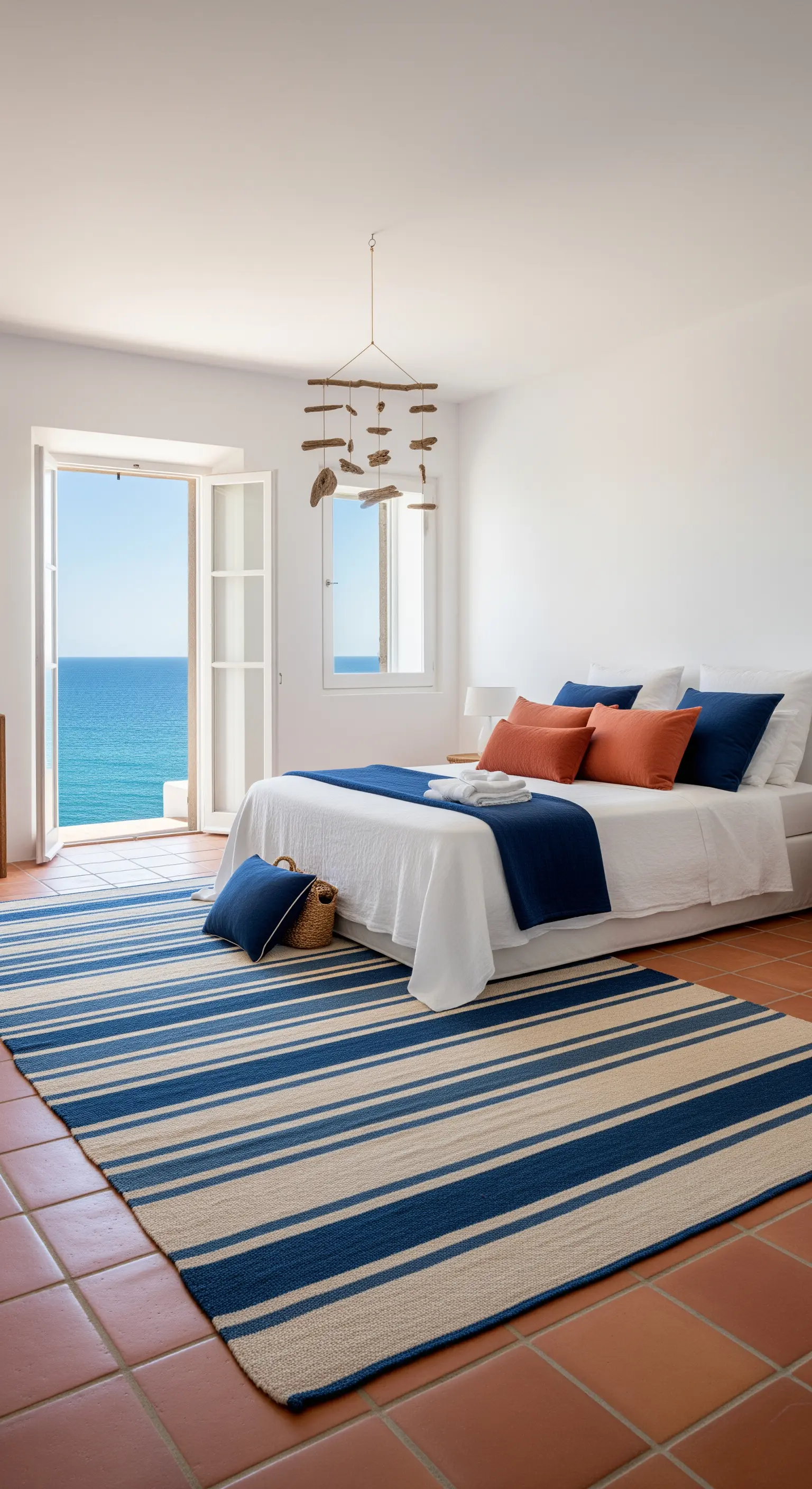 Camera con pavimento in cotto, tappeto a righe blu e cuscini color terracotta e blu navy.