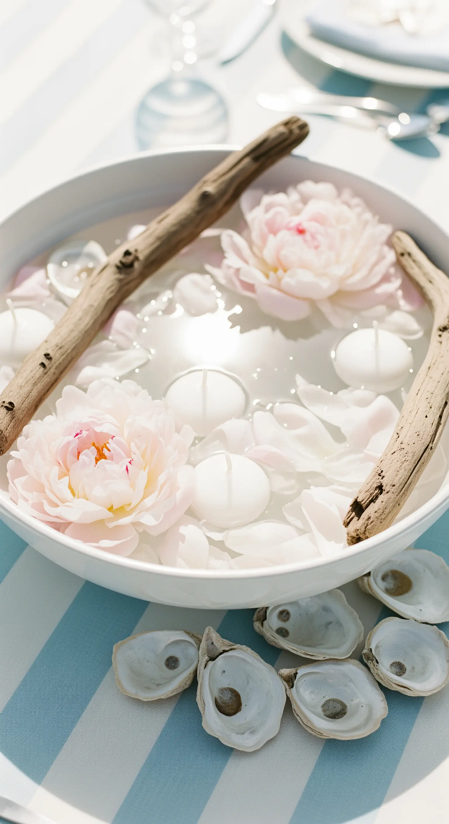 Ciotola bianca con peonie rosa, candele galleggianti, legni levigati dal mare e conchiglie.