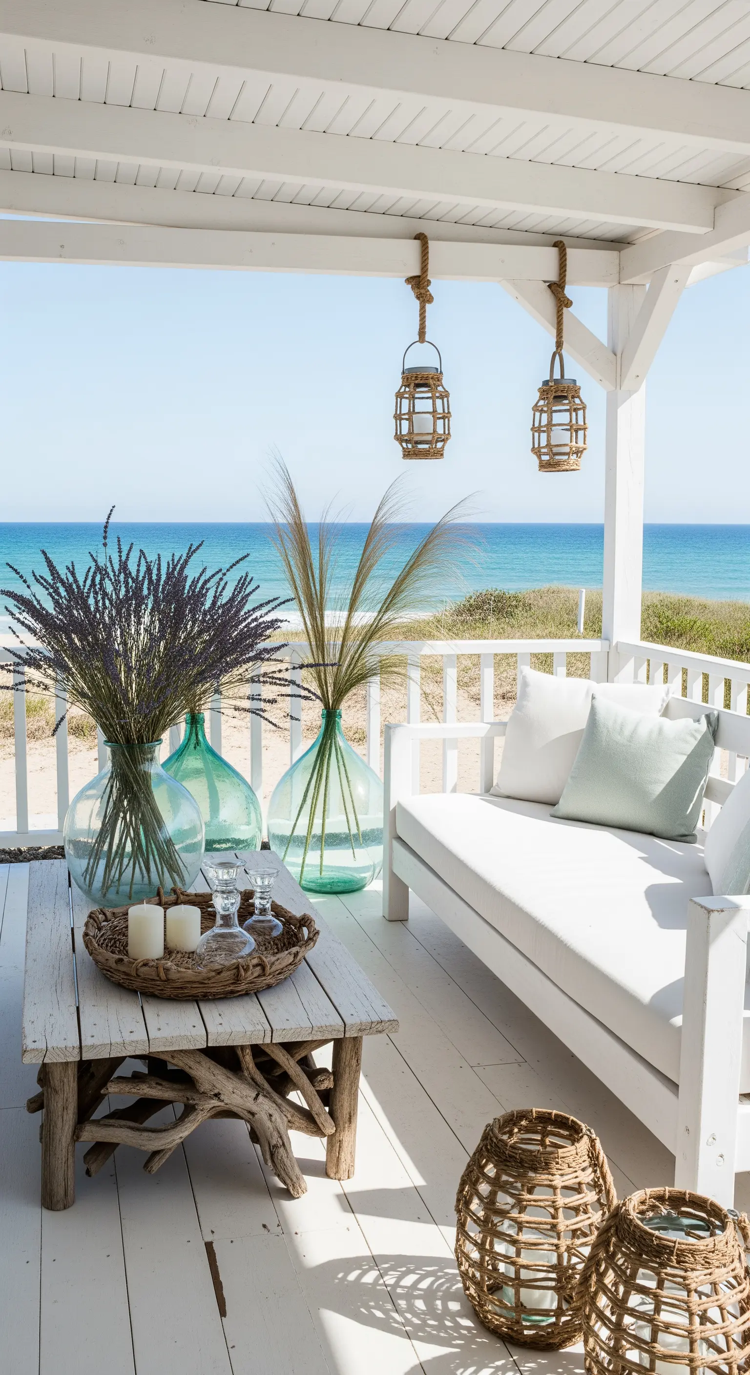 Veranda vista mare con divano bianco, damigiane in vetro e lanterne in rattan.