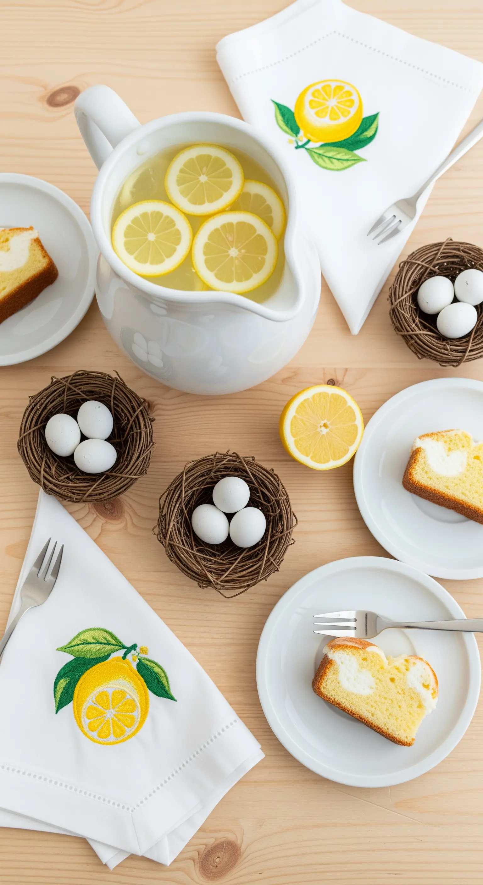 Tavola a tema limone con brocca d'acqua, nidi e tovaglioli ricamati.