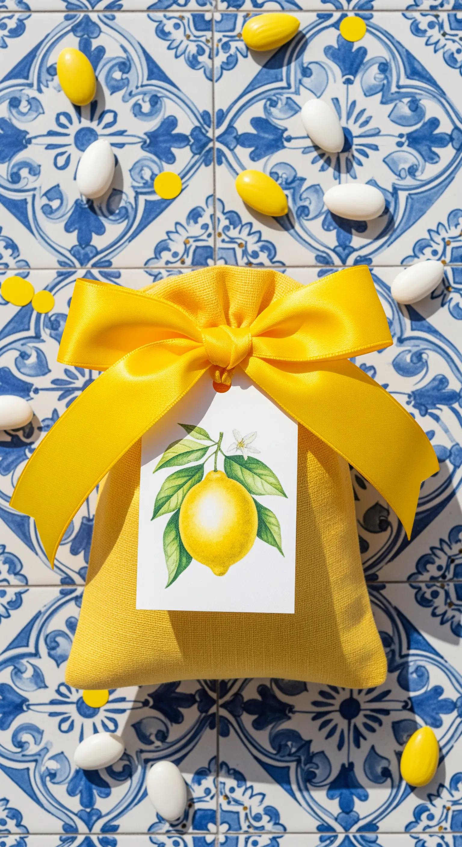 Bomboniera gialla con un grande fiocco e un tag decorato con un limone, su uno sfondo di maioliche.