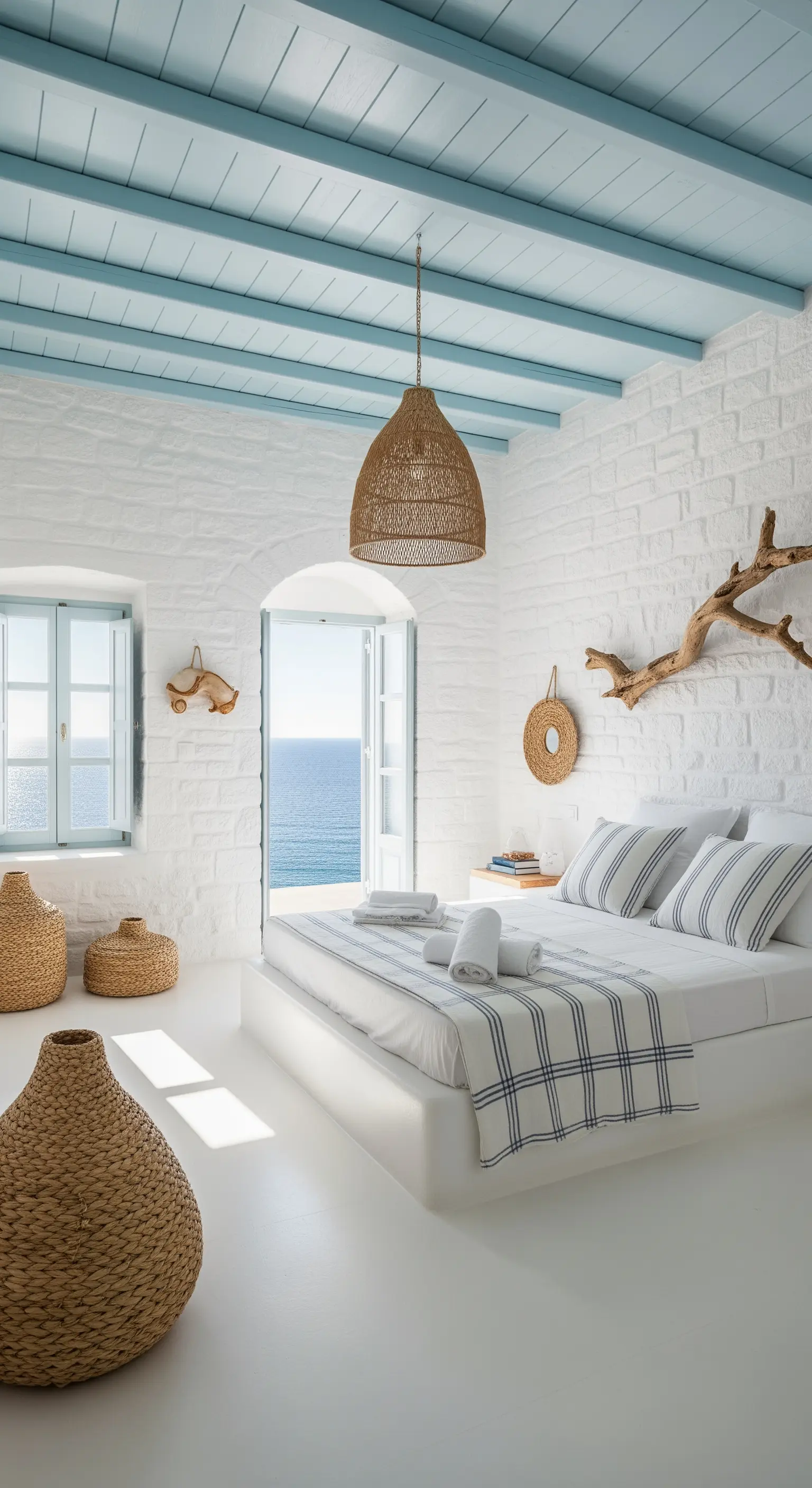 Camera da letto in stile mediterraneo con pareti bianche, travi azzurre e dettagli in rattan.