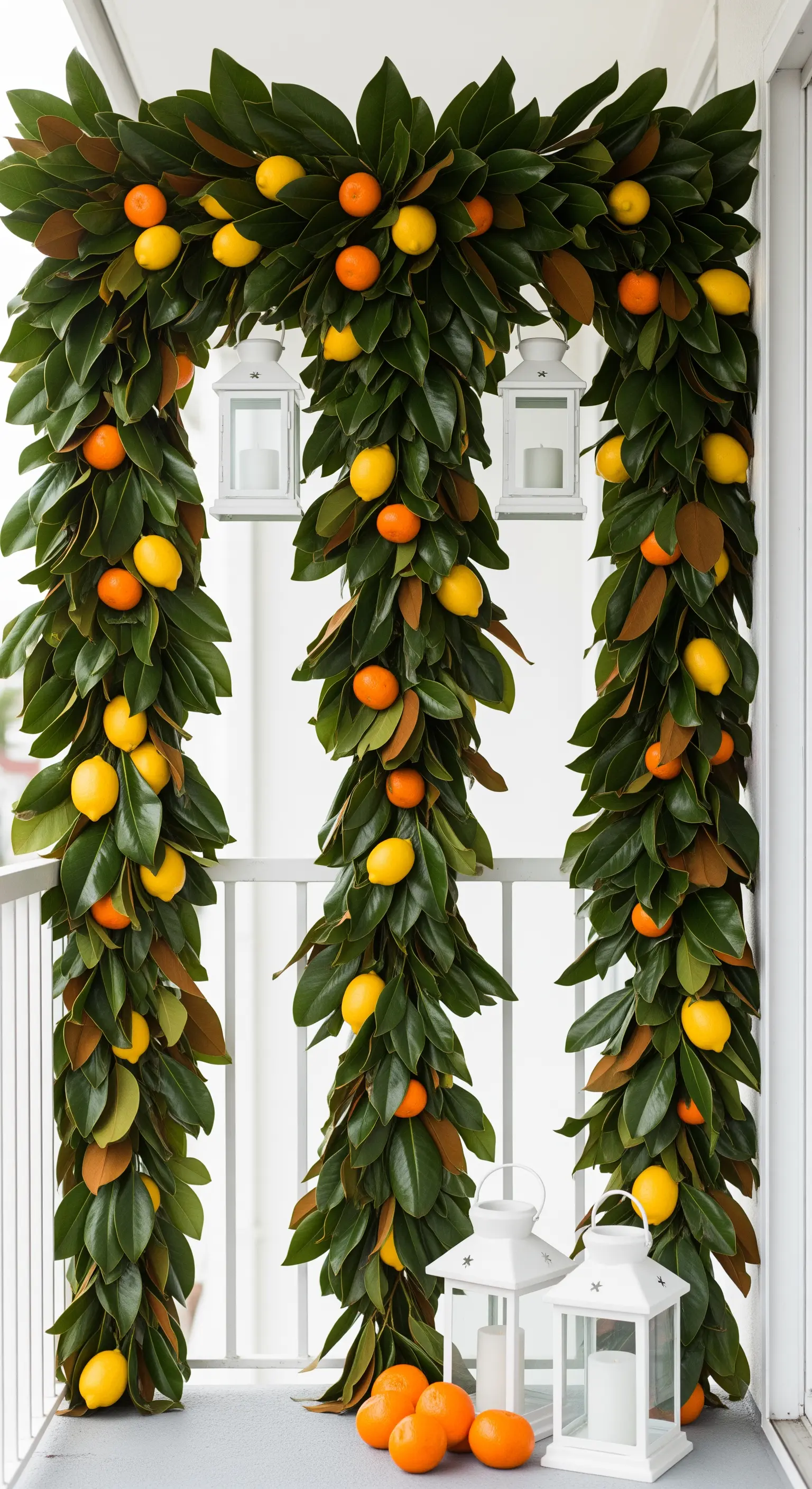 Archi verticali fatti di ghirlande di magnolia e decorati con limoni e arance fresche