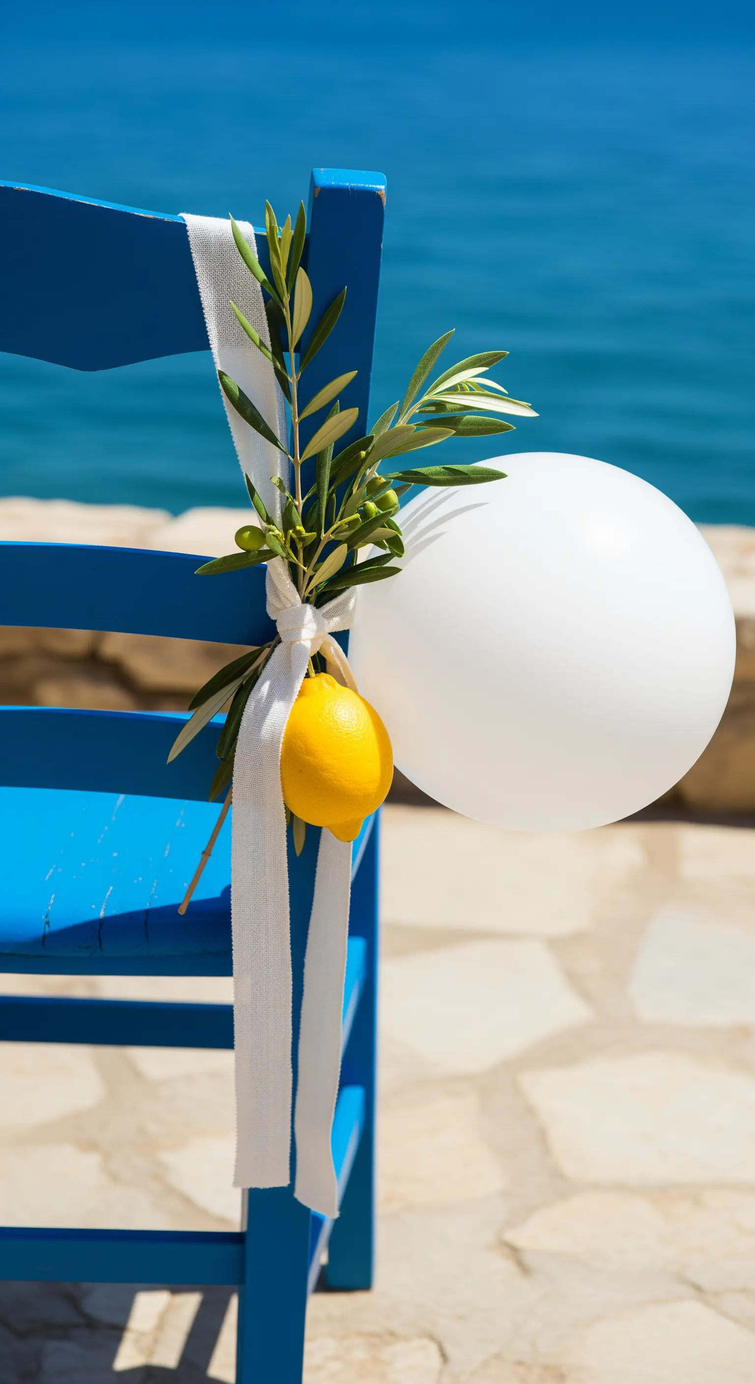 Sedia blu con ramo d'ulivo, limone fresco, nastro bianco e palloncino.