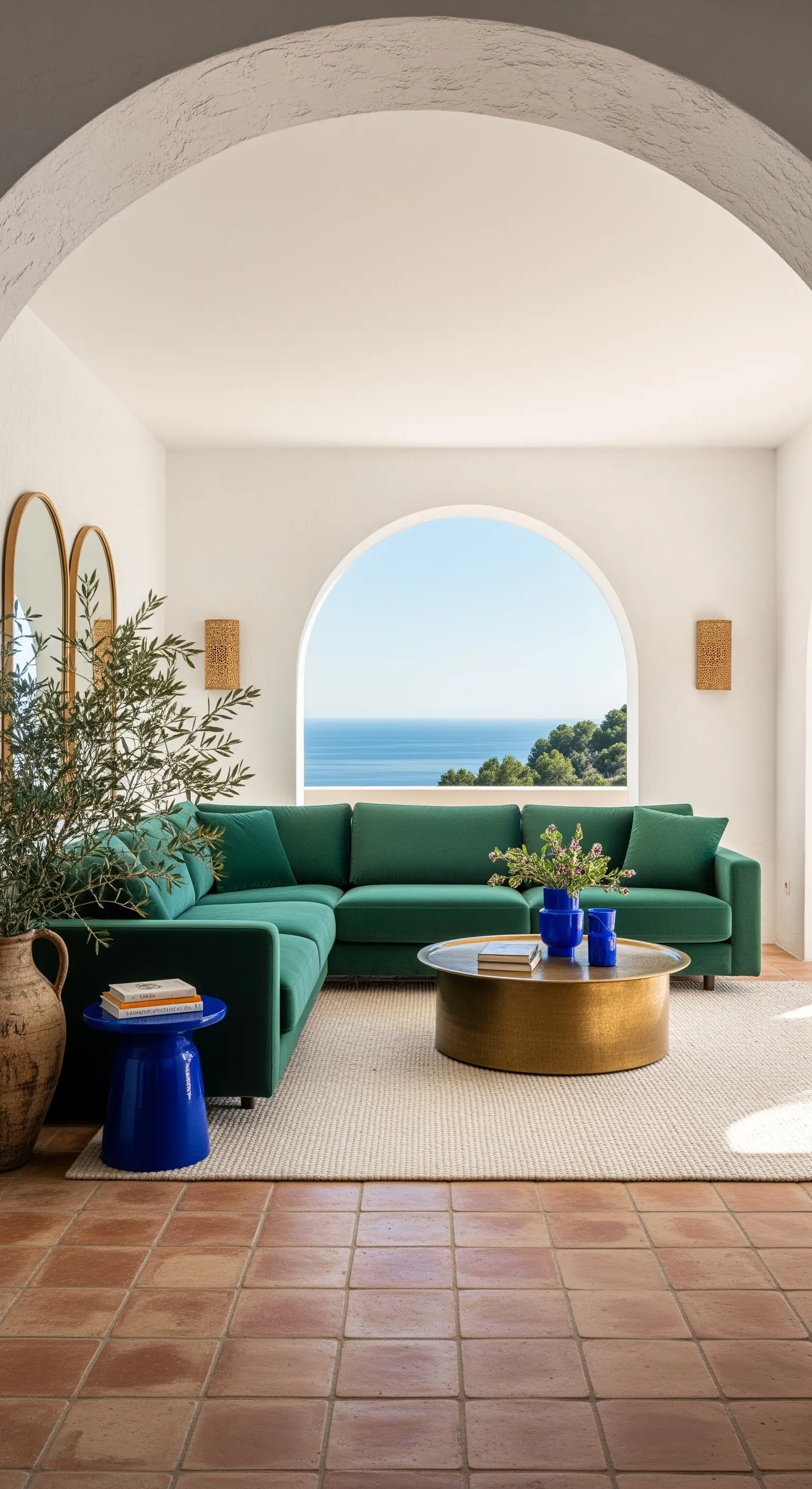 Divano angolare verde in un soggiorno mediterraneo con finestra ad arco vista mare e pavimento in cotto.