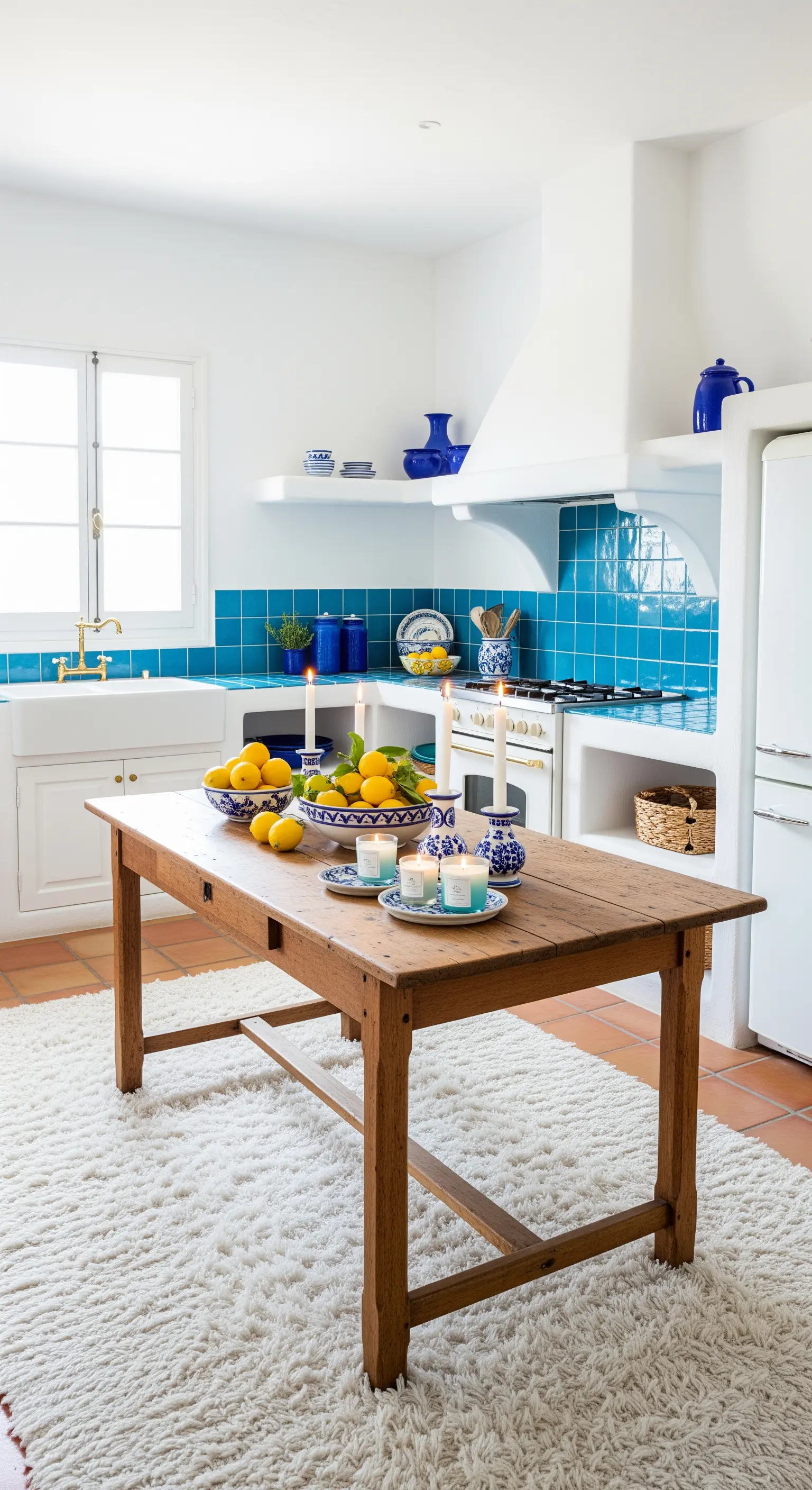 Cucina mediterranea con piastrelle blu e un grande tappeto bianco a pelo lungo sotto il tavolo.
