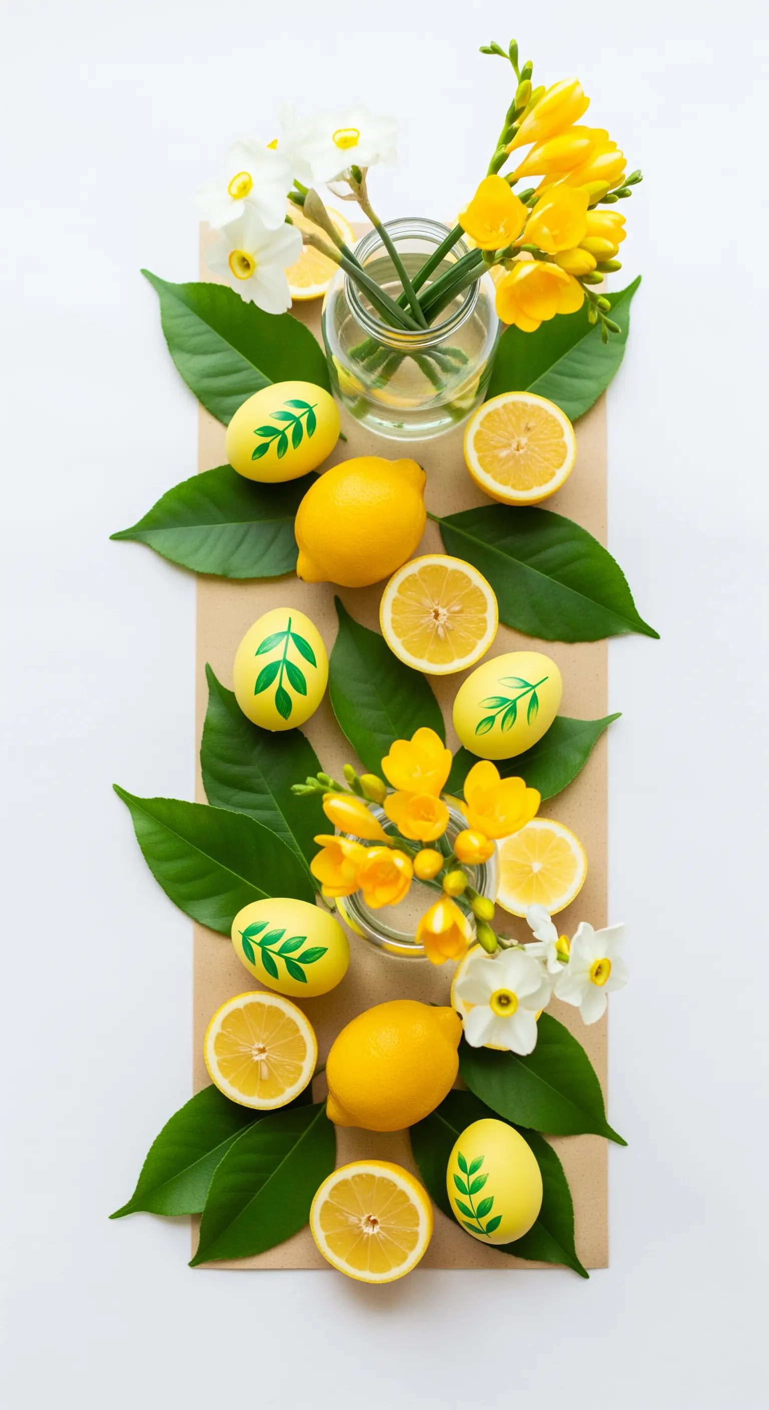 Runner da tavola per Pasqua decorato con limoni freschi, fiori gialli e uova dipinte.