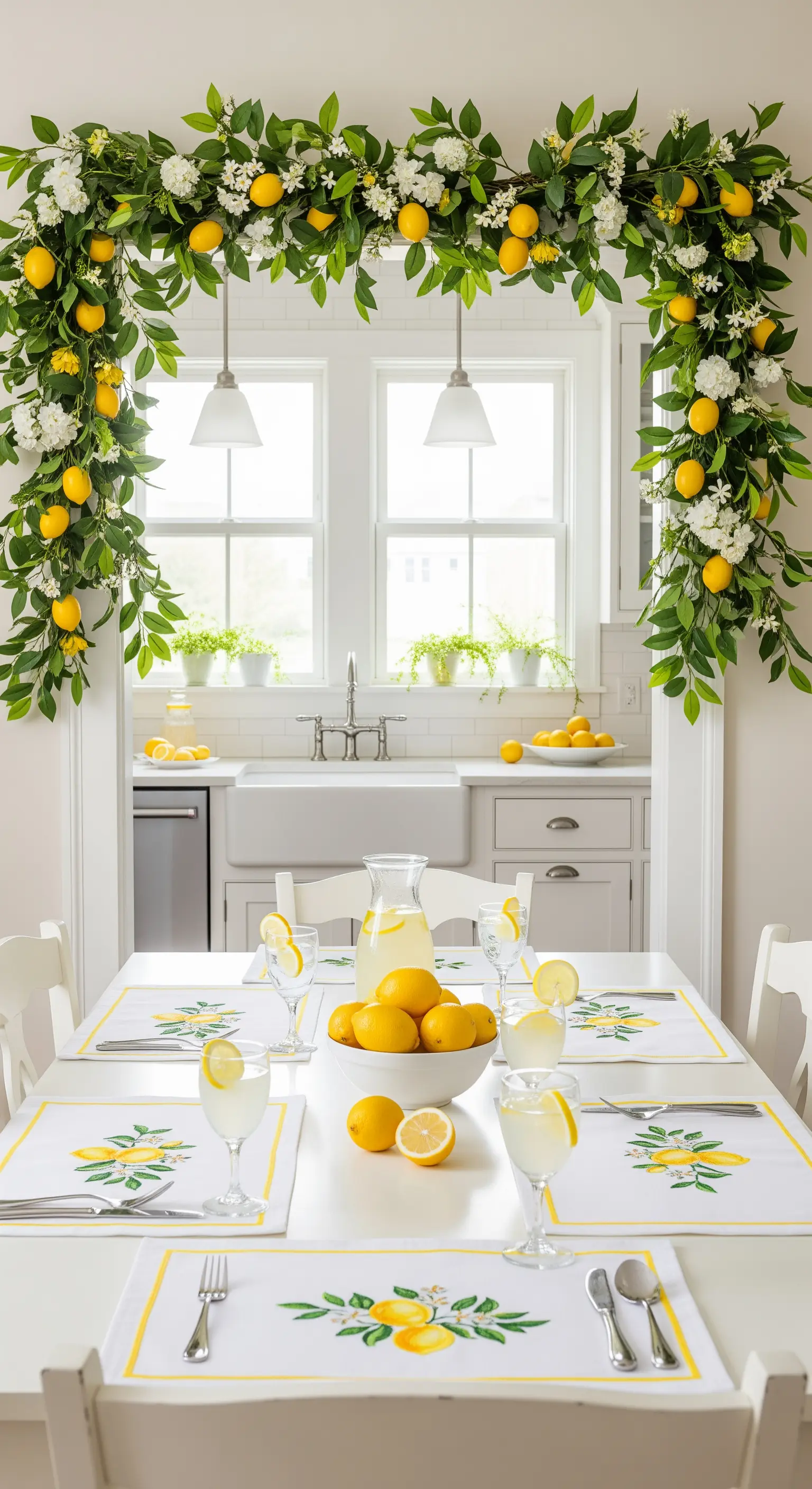 Sala da pranzo con ghirlanda di limoni e fiori bianchi attorno a una finestra, con tavola coordinata.