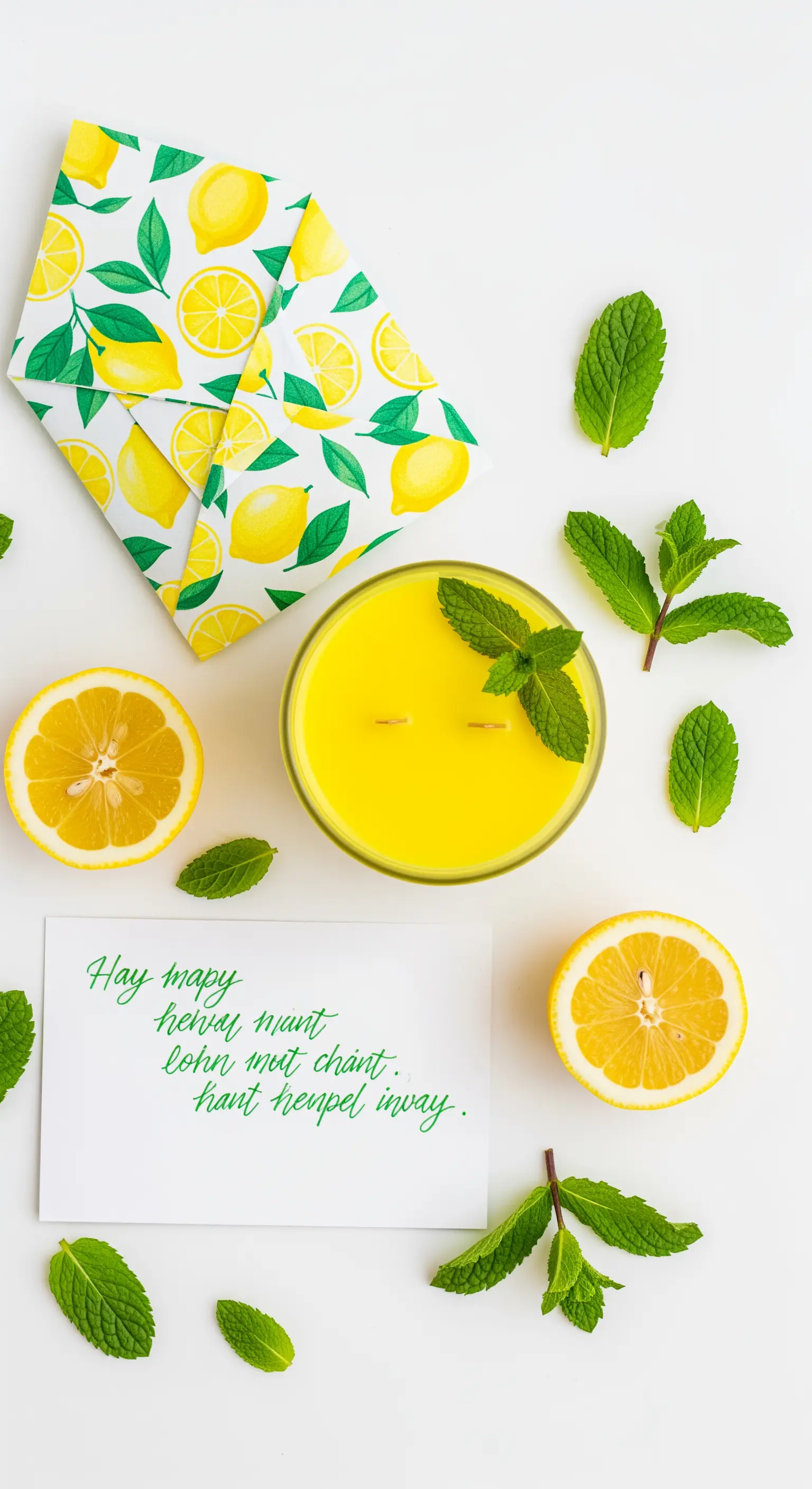 Candela gialla al limone, busta a tema agrumi e foglie di menta fresca su fondo bianco.