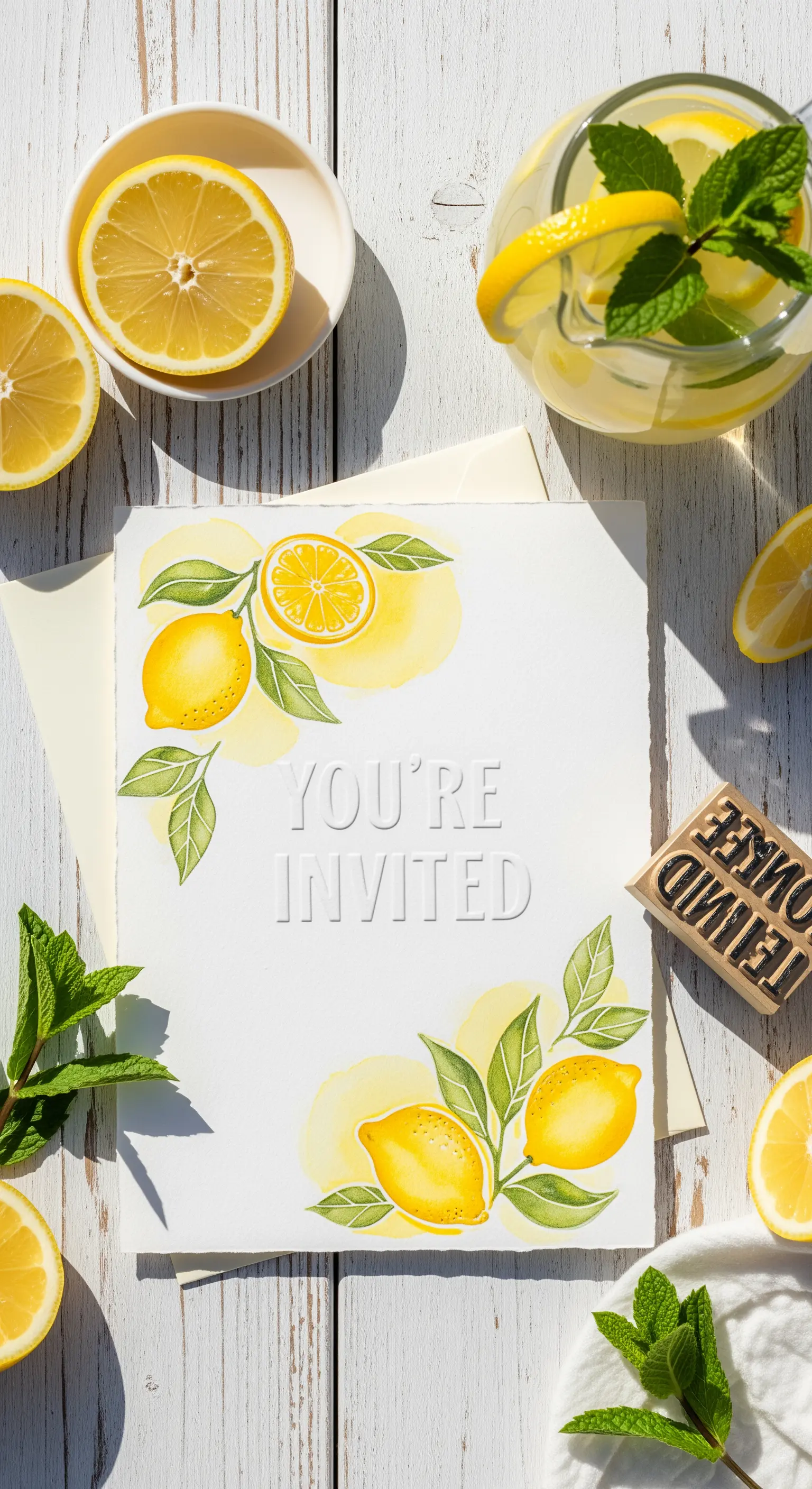 Invito con limoni dipinti ad acquerello e scritta centrale in rilievo su carta bianca porosa.