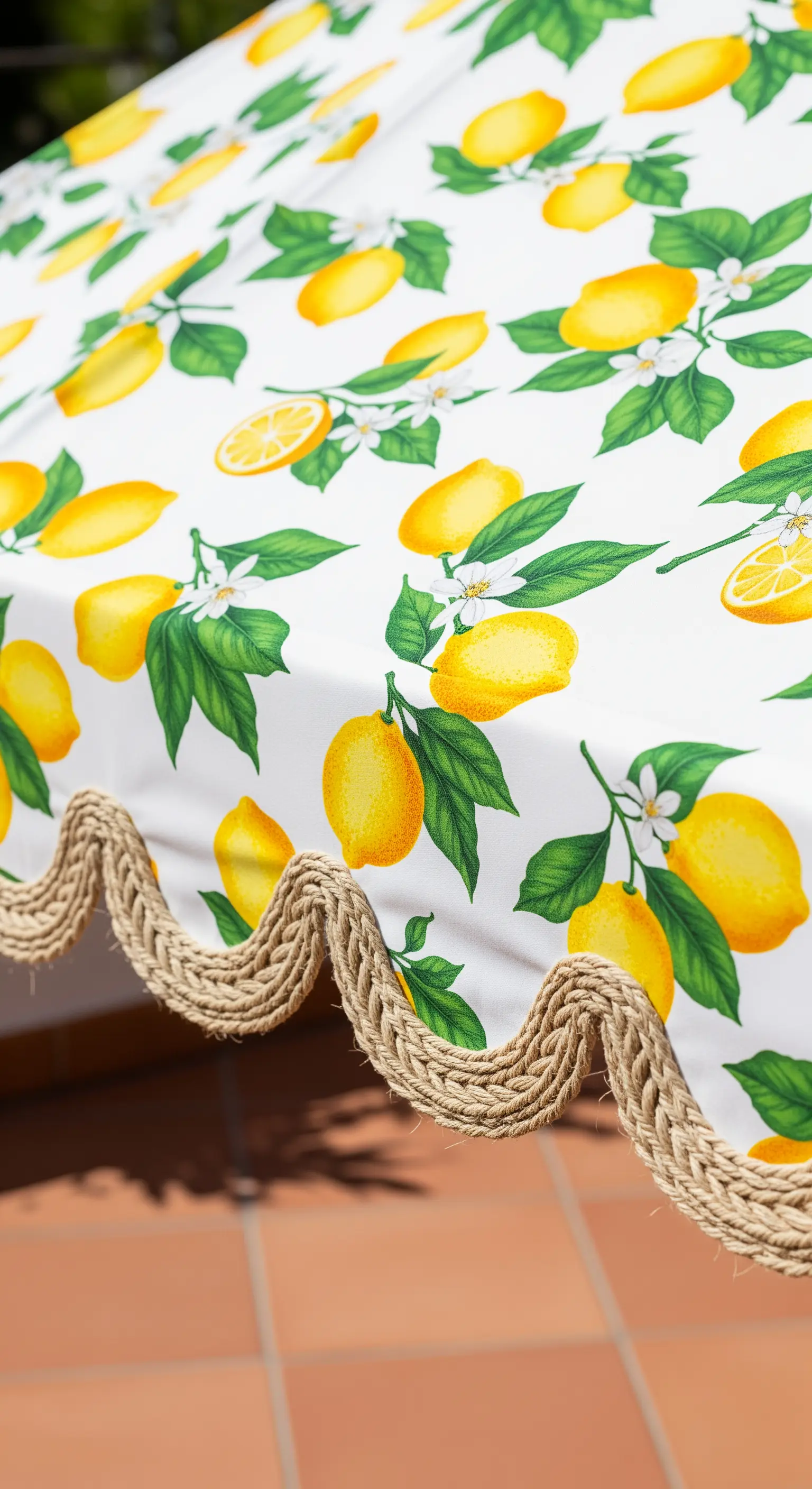 Dettaglio di una tenda da sole con stampa a limoni e bordo smerlato con corda di iuta.