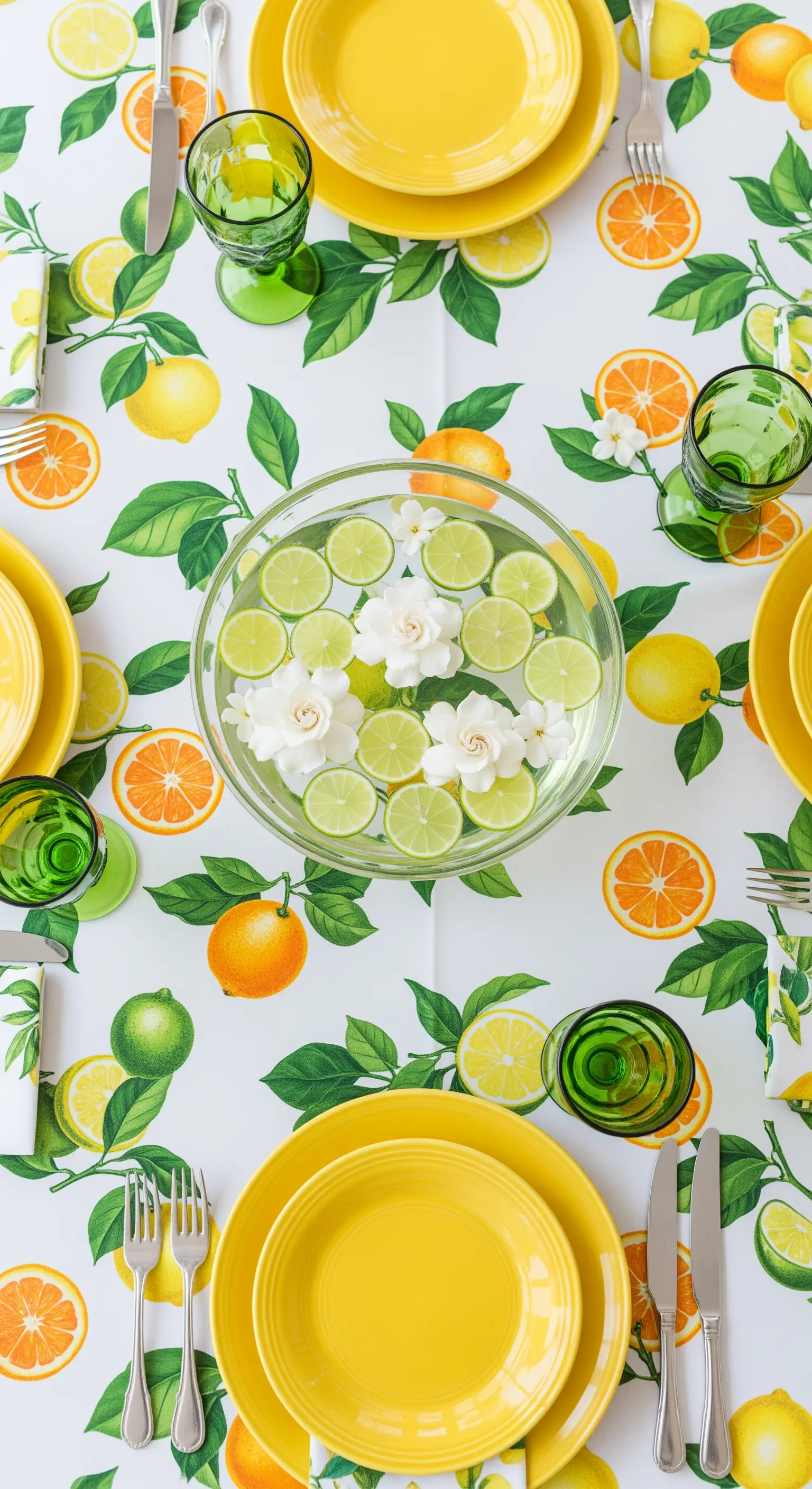 Tavola a tema agrumi con tovaglia a limoni, piatti gialli e una coppa con lime.