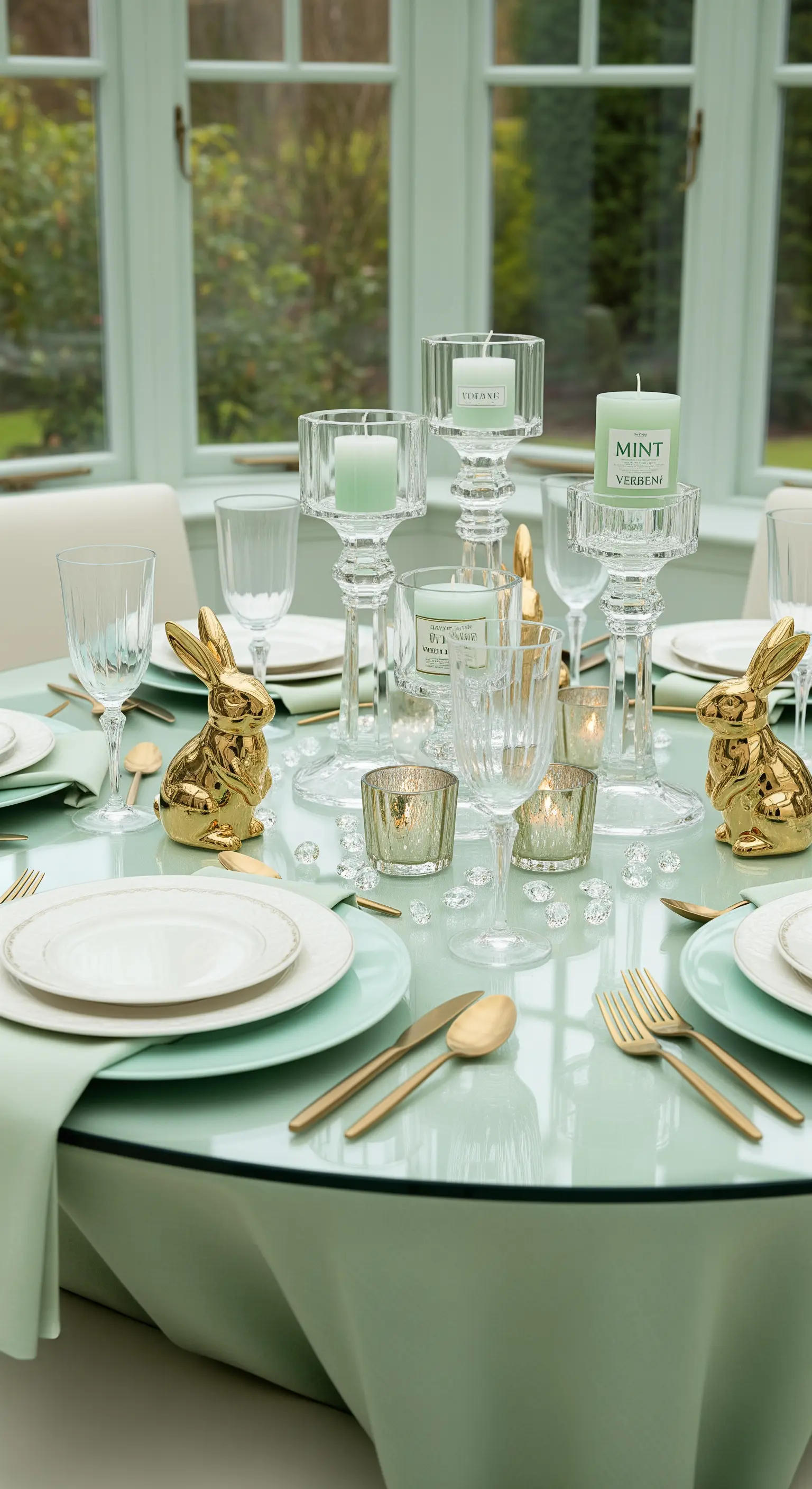 Tavola pasquale rotonda verde menta con coniglietti dorati e candelabri in cristallo.