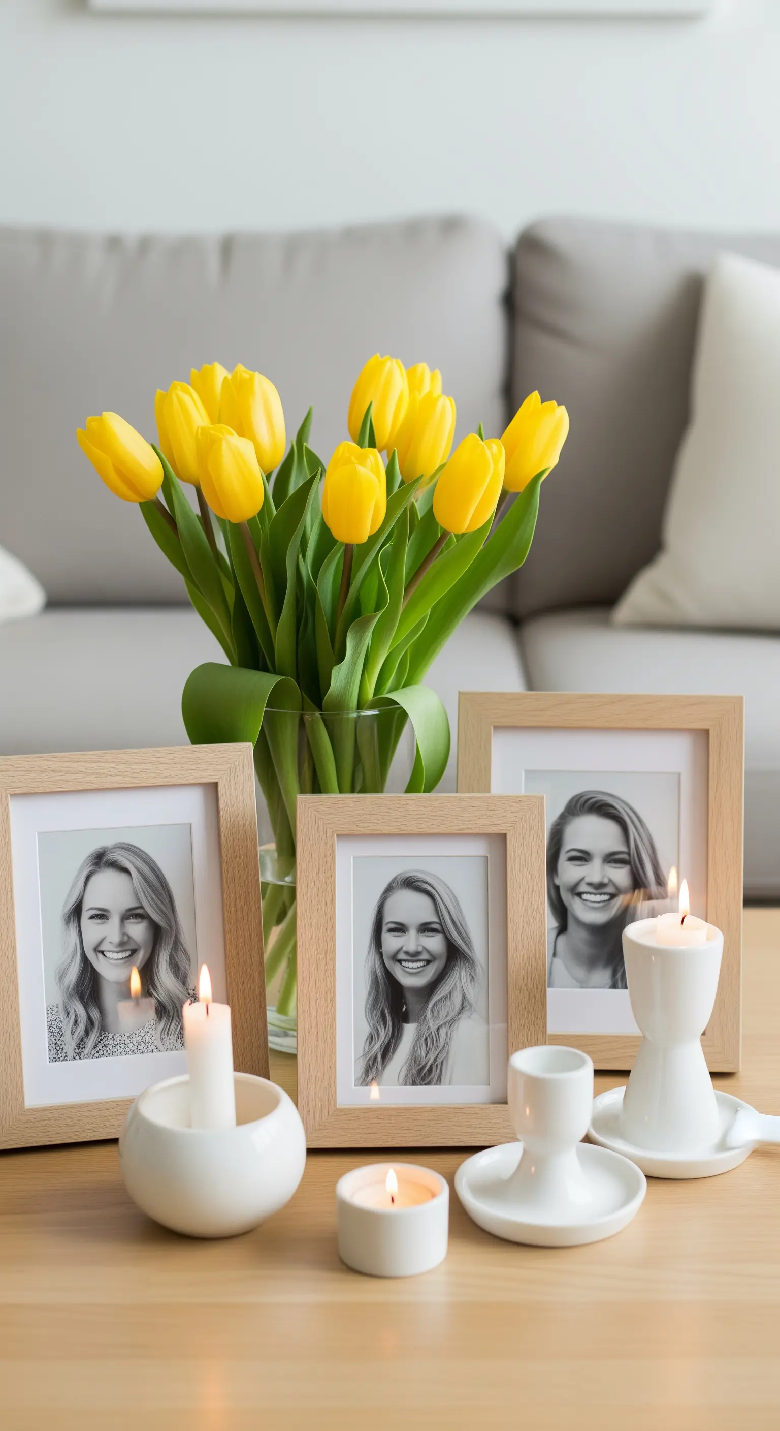 Tulipani gialli in un vaso di vetro, circondati da cornici in legno chiaro e candele bianche.
