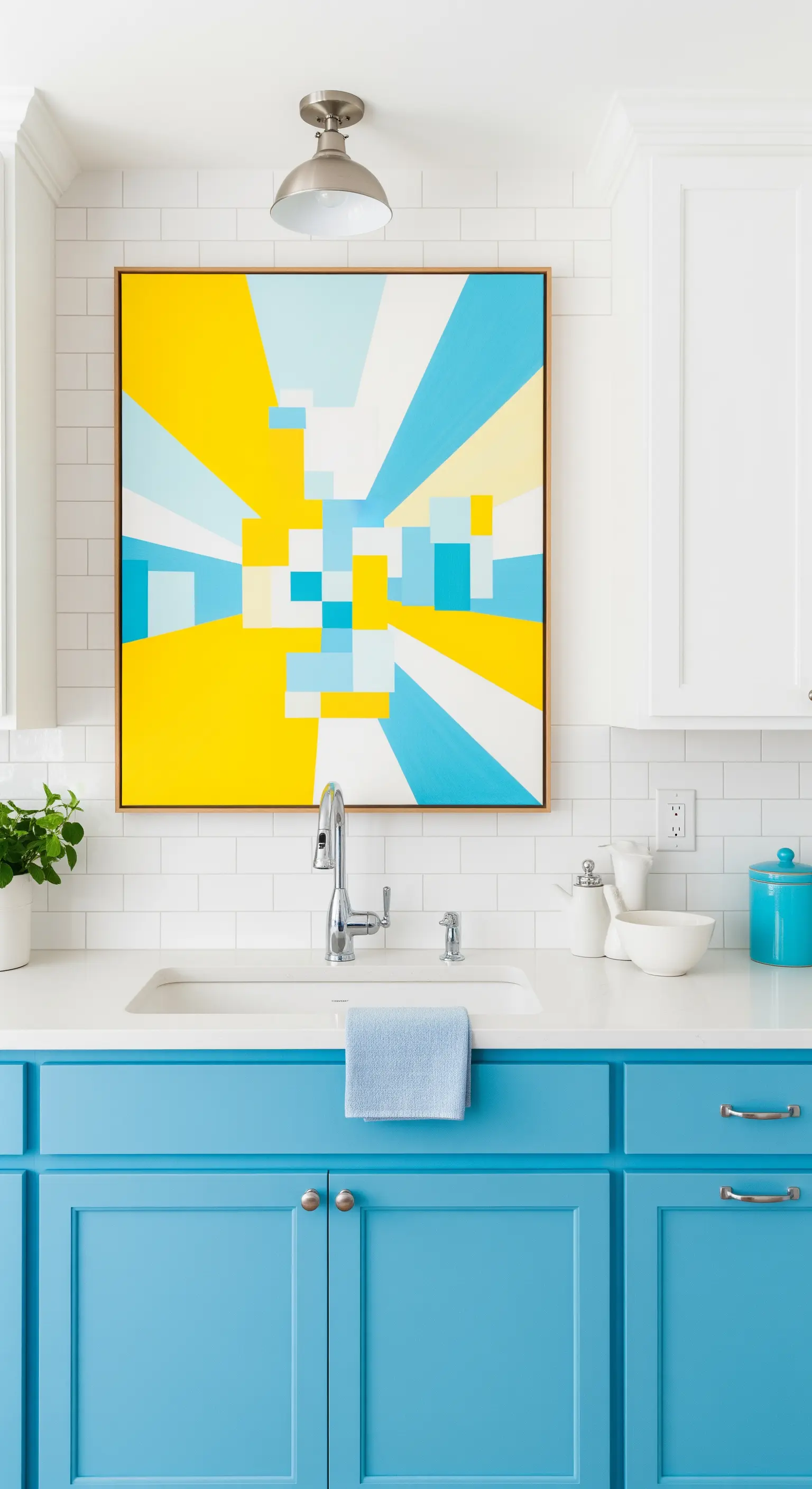 Cucina con mobili azzurri, piastrelle bianche e un quadro astratto giallo e azzurro.