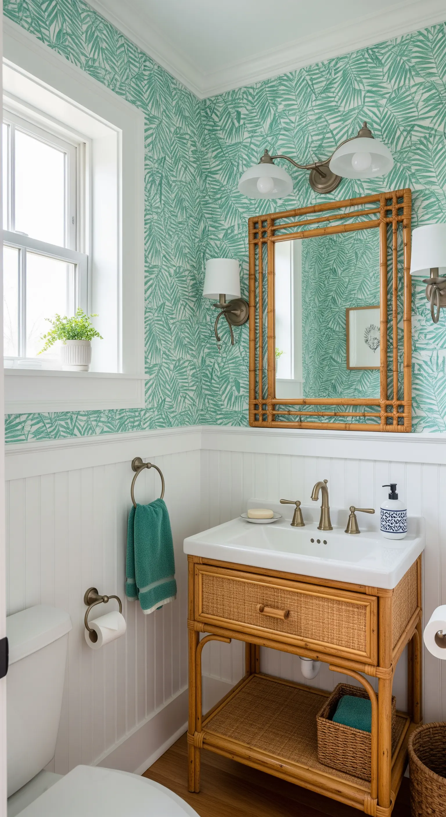 Bagno piccolo con carta da parati a foglie di palma e mobile lavabo in rattan.