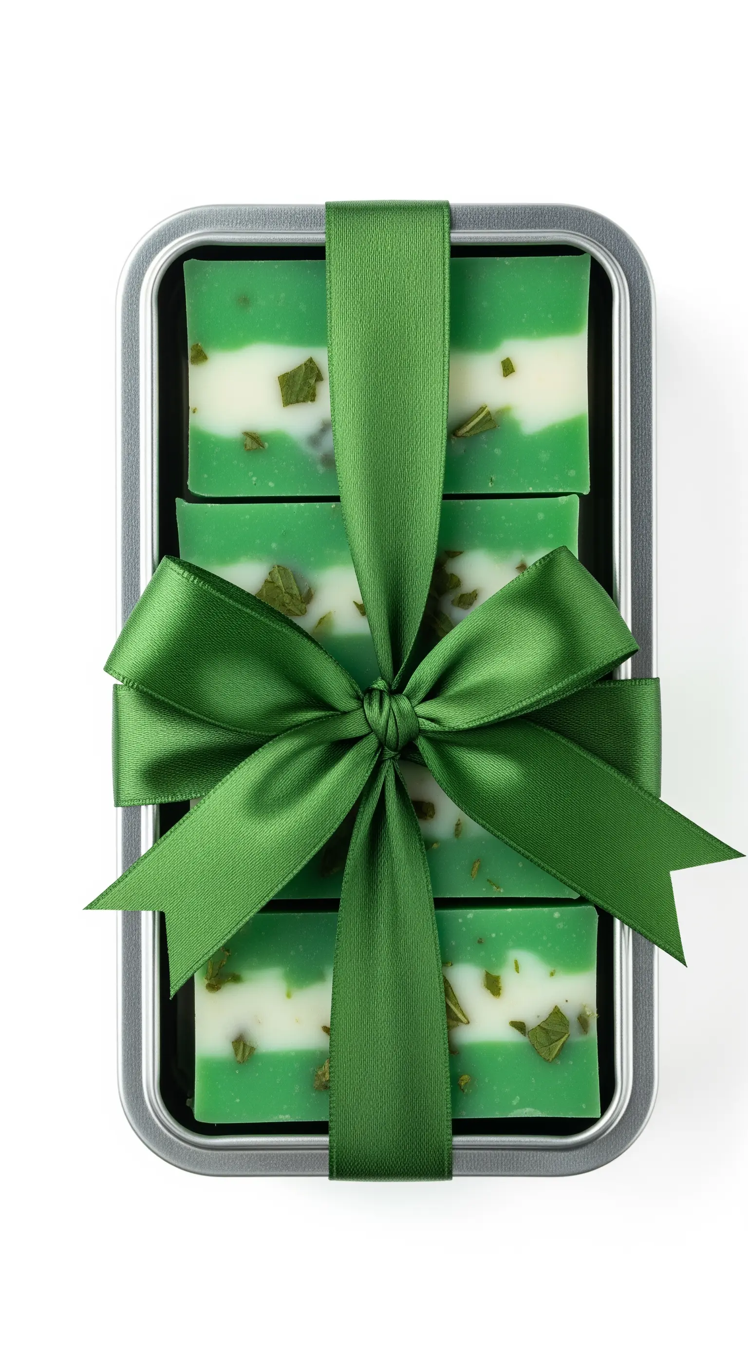 Saponi alla menta in una scatola di latta legata da un grande fiocco di raso verde.