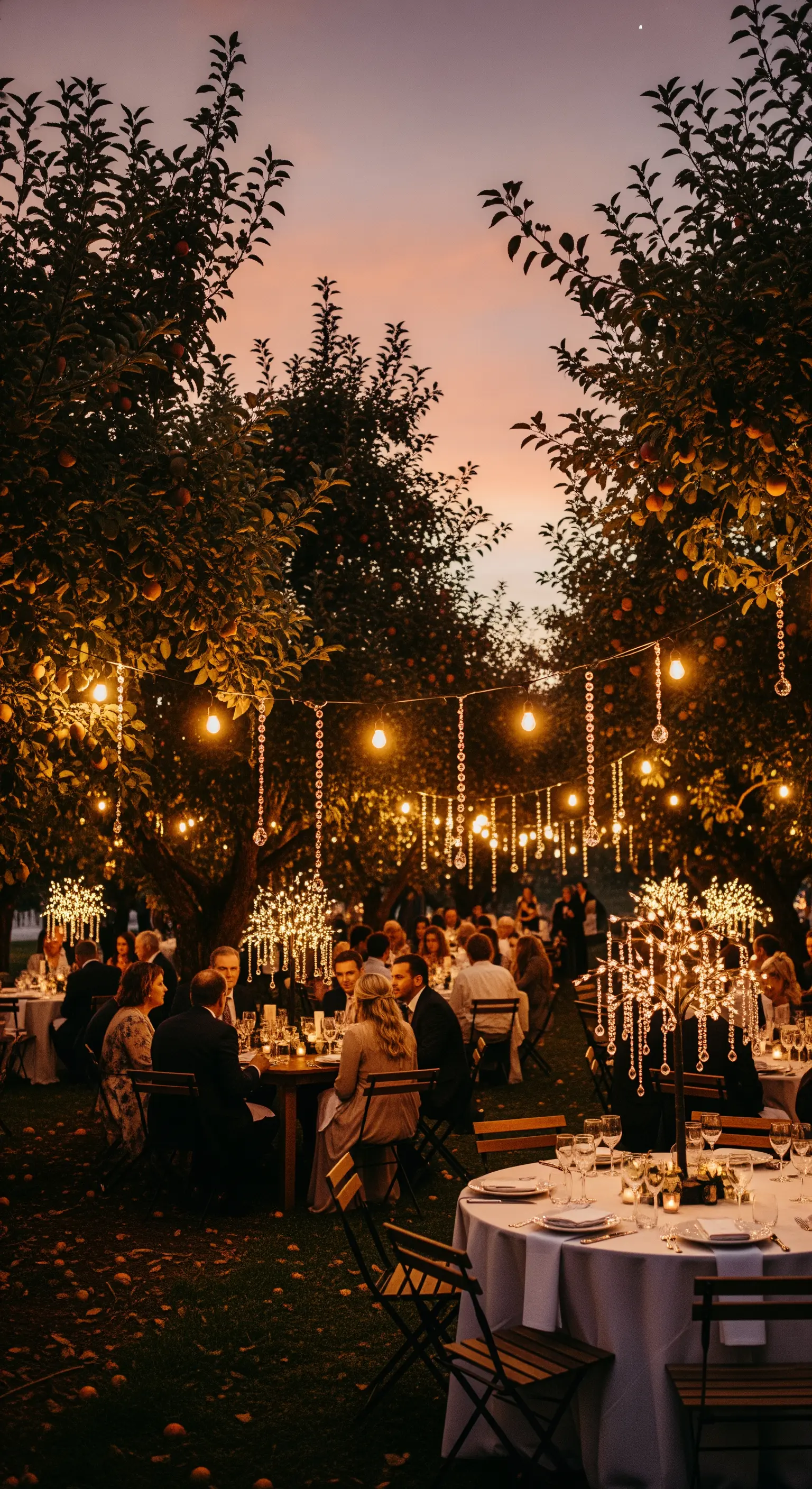 Cena all'aperto in un frutteto con fili di luci e decorazioni di cristallo sospese.