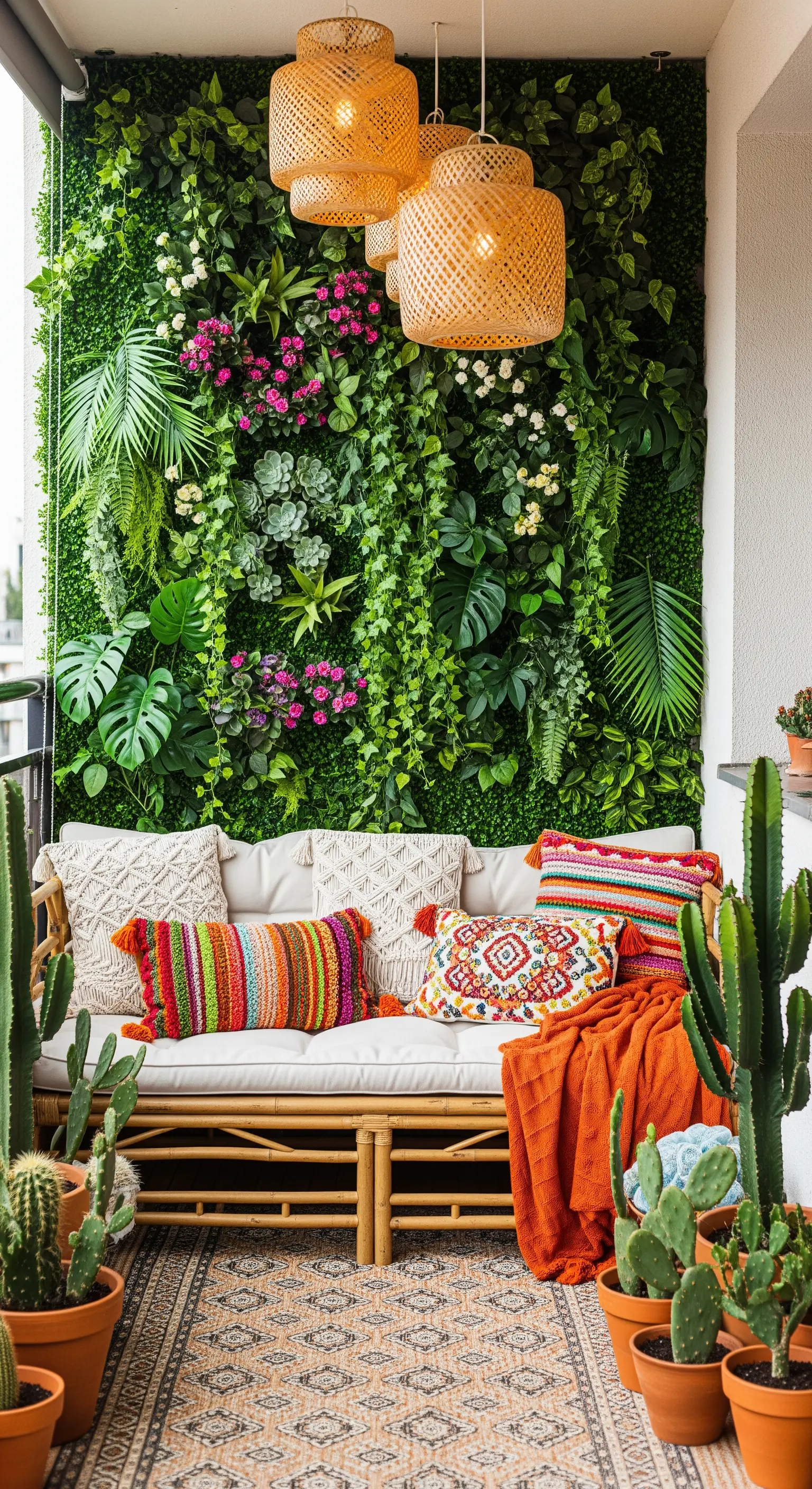 Divano in bambù con cuscini colorati e una lussureggiante parete verde in una veranda boho-chic.