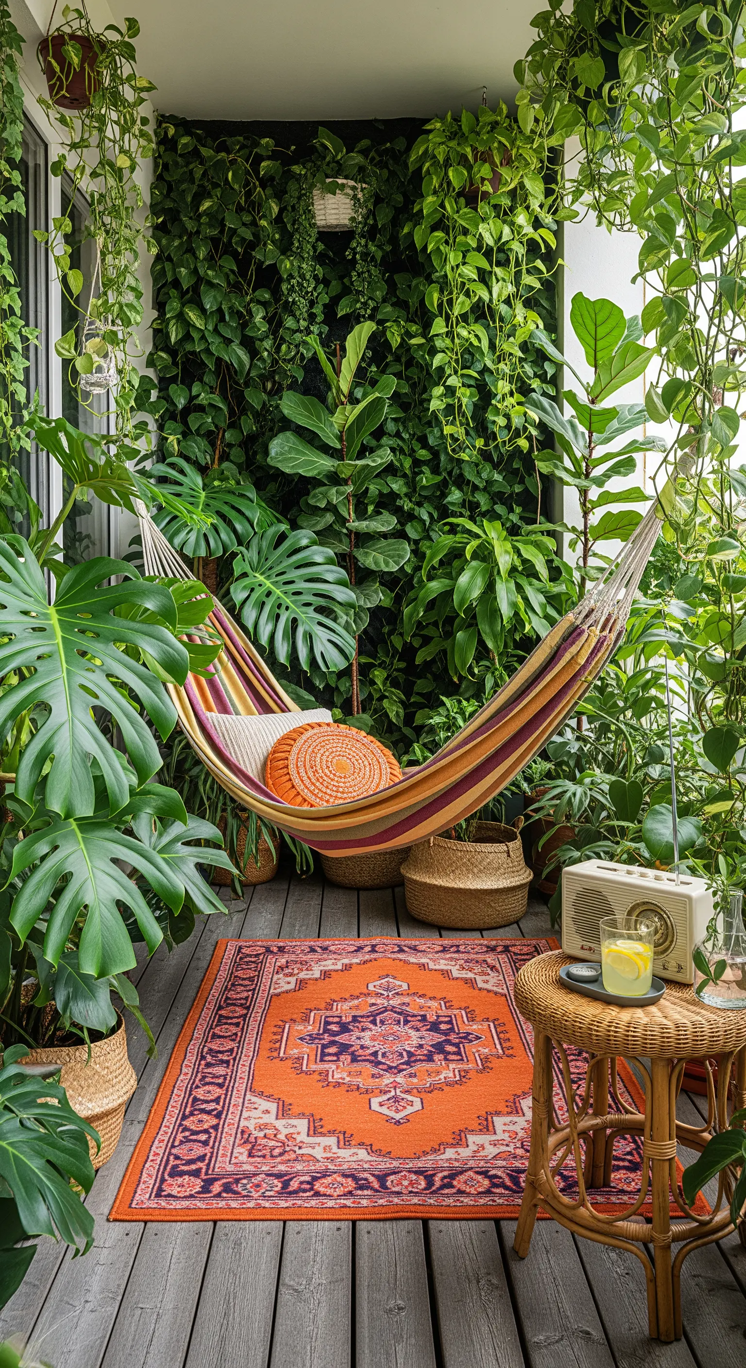 Amaca colorata circondata da una parete verde verticale e grandi piante tropicali su un balcone.