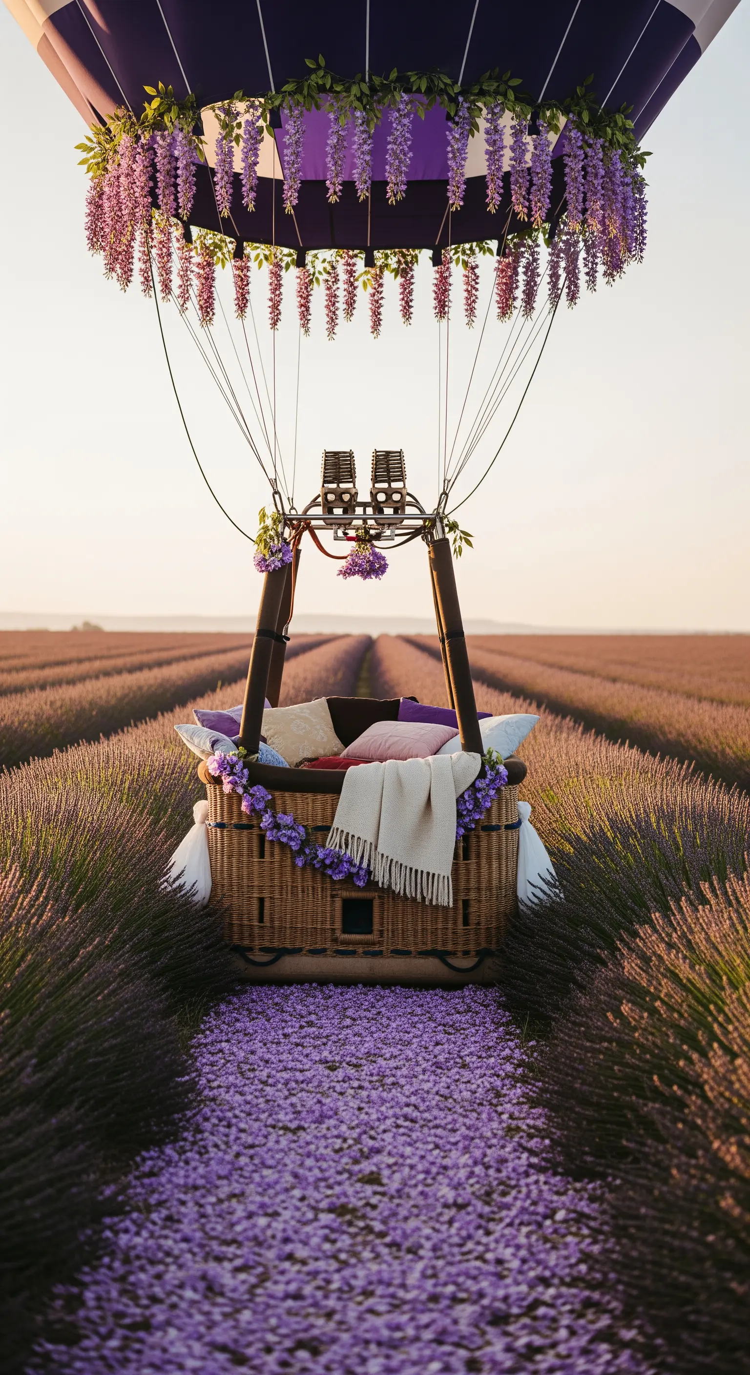 Mongolfiera decorata con glicine atterrata in un campo di lavanda coperto di petali.