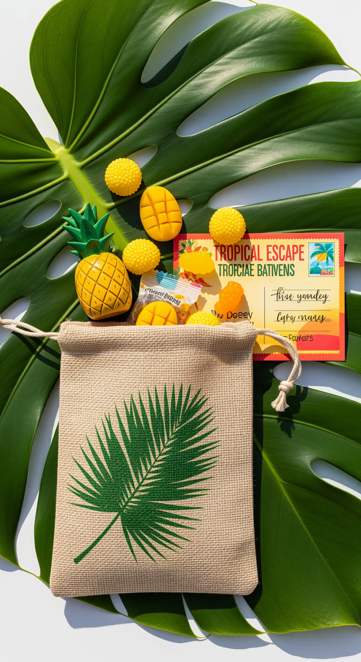 Sacchetto in juta con stampa di foglia di palma e caramelle a forma di frutta tropicale.