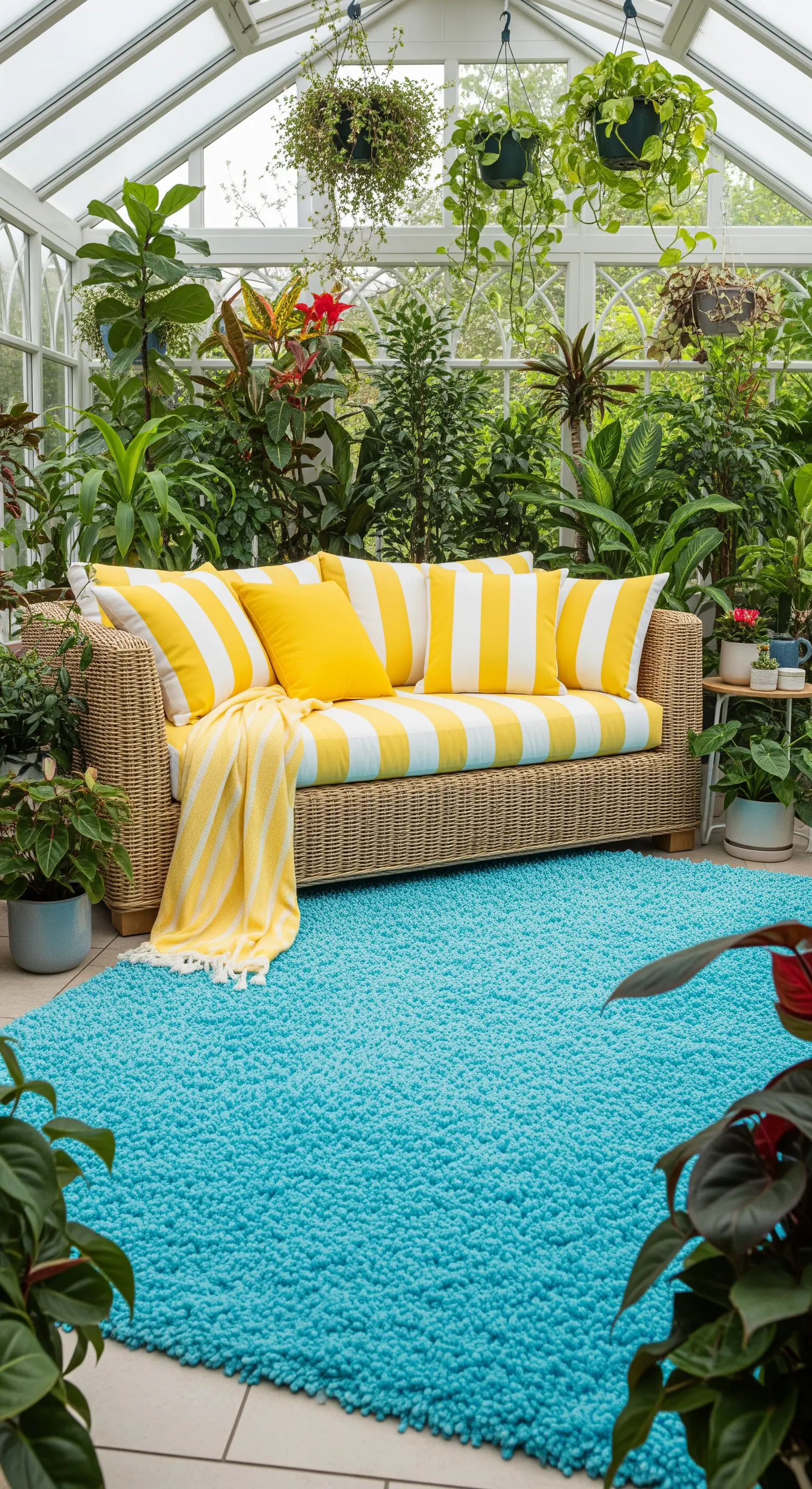 Veranda piena di piante con un divano in rattan, cuscini a righe gialle e un tappeto turchese.