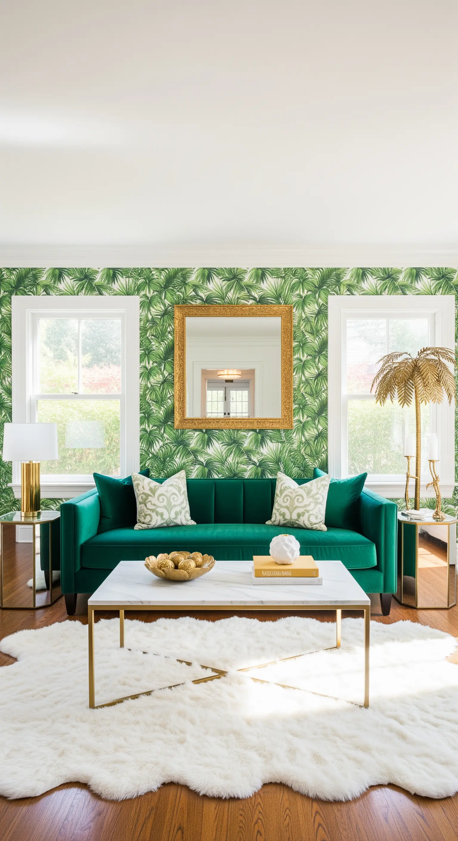 Divano verde smeraldo contro una parete con carta da parati a foglie di palma e tavolino in marmo.