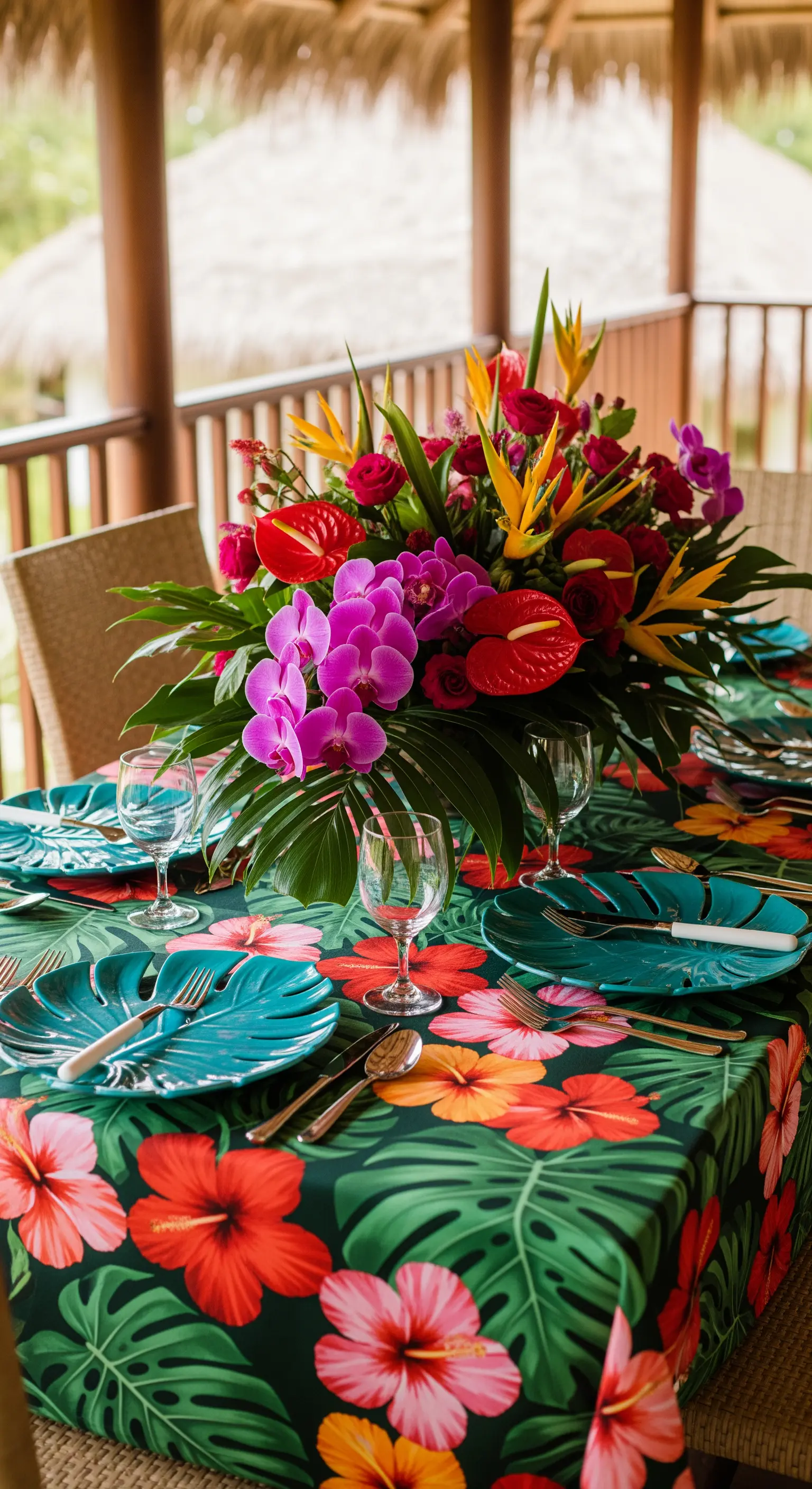 Tavola a tema tropicale con tovaglia a stampa floreale, piatti a forma di foglia e fiori esotici.