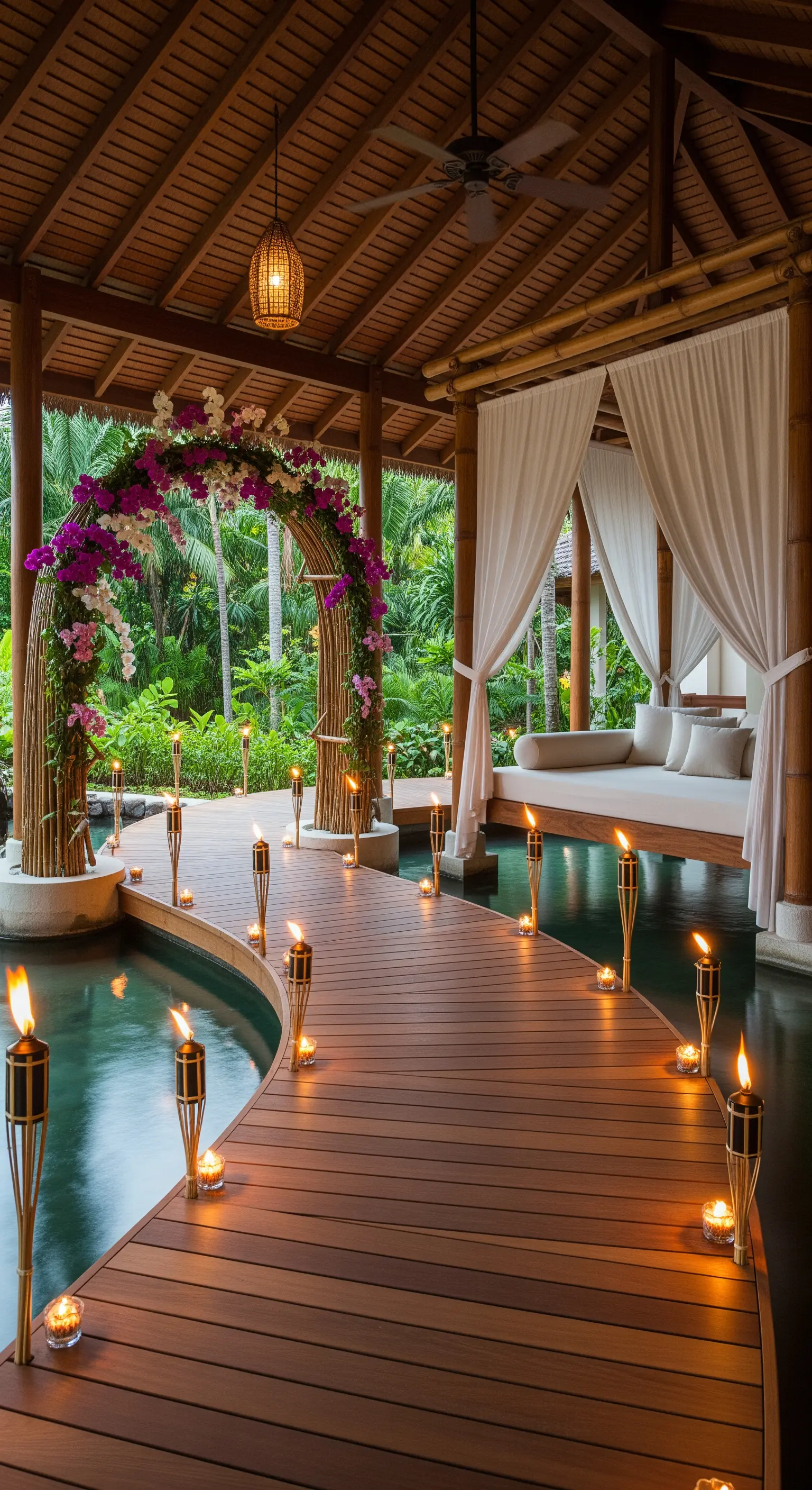 Portico tropicale con passerella in legno sull'acqua, torce accese e un letto a baldacchino.