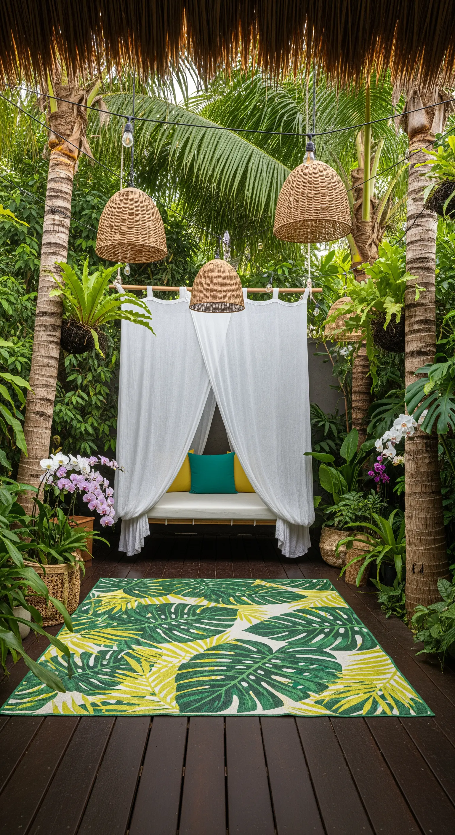 Giardino tropicale con daybed, tende bianche, lampade in rattan e tappeto a foglie.