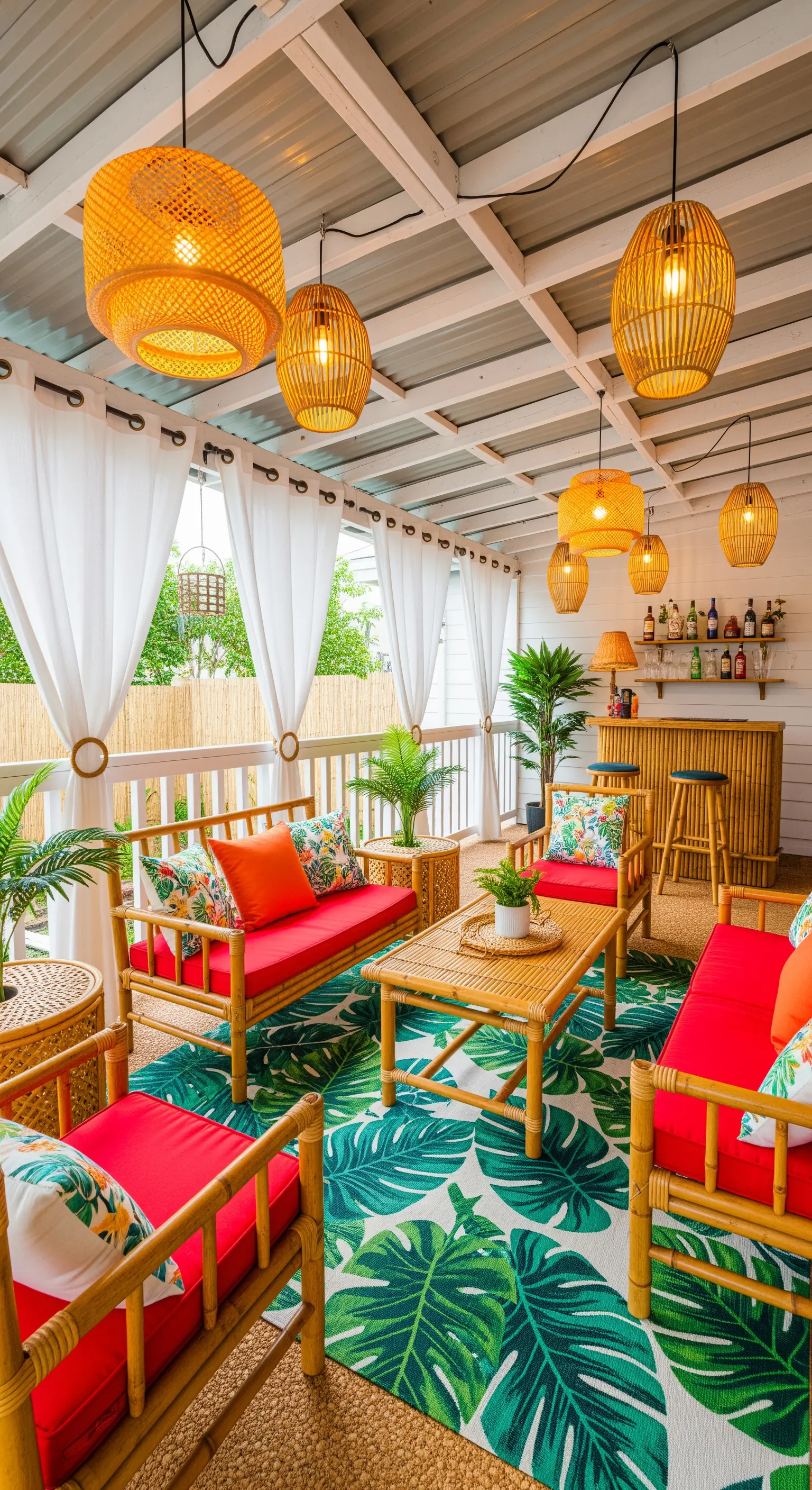 Patio in stile tiki con mobili in bambù, cuscini rossi e un tappeto a tema tropicale.