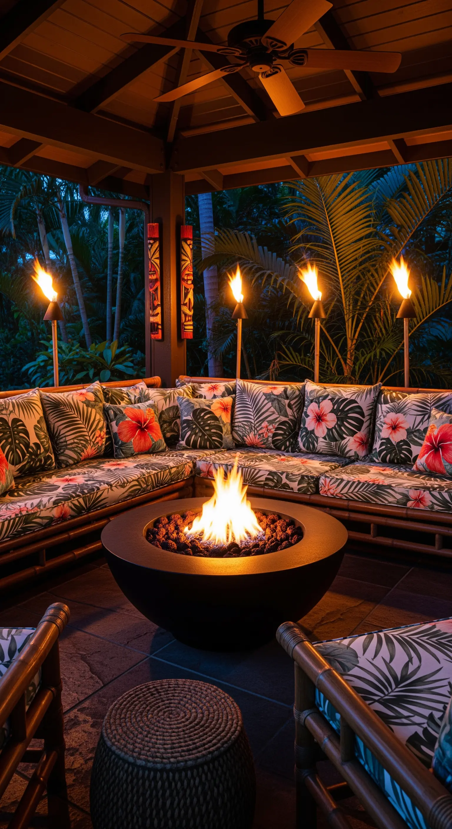 Gazebo in stile tiki con divani in bambù, cuscini a stampa floreale e un braciere centrale.