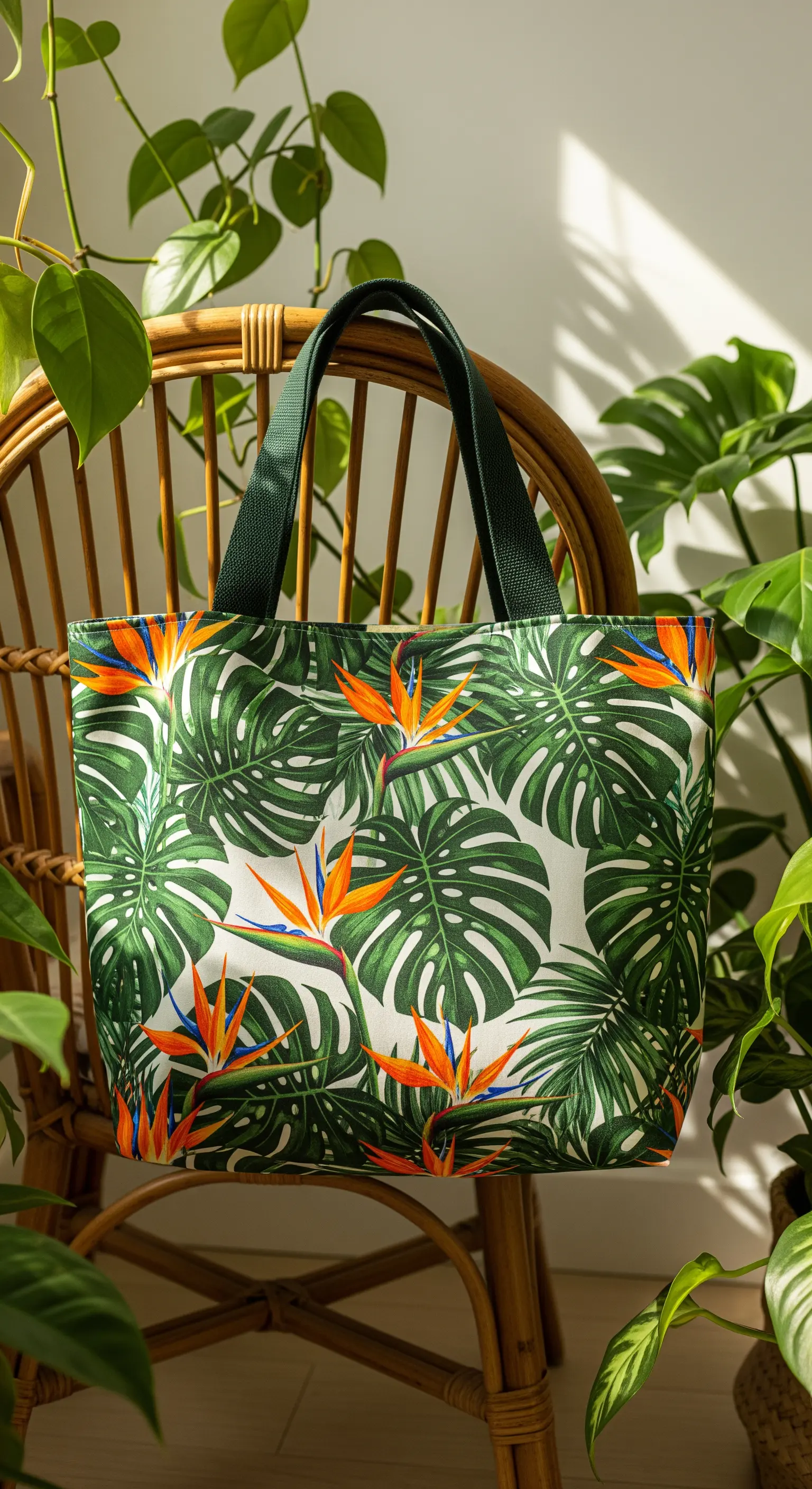 Borsa shopper con una vivace stampa tropicale di foglie di monstera e fiori esotici.