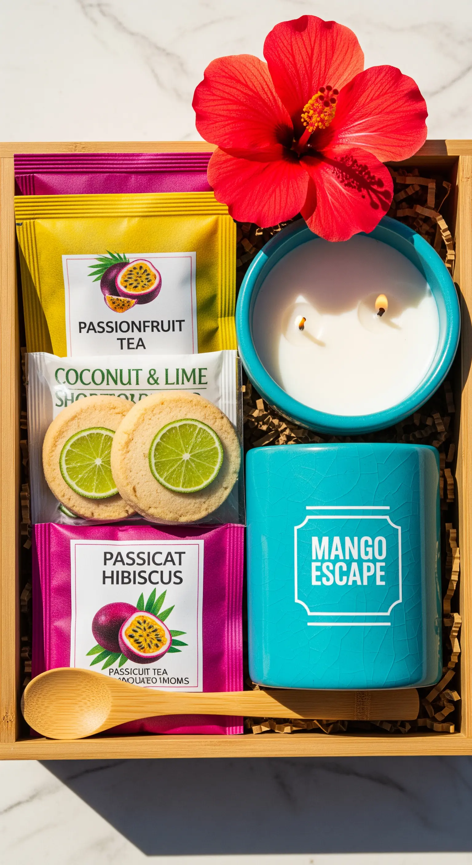 Gift box tropicale con tè al passion fruit, biscotti al lime e candela turchese.