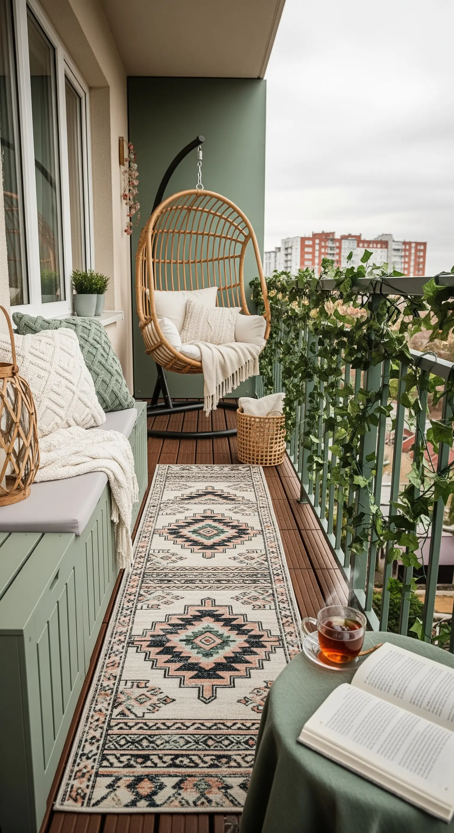 Balcone stretto con panca contenitore verde salvia, sedia sospesa in rattan e tappeto runner.
