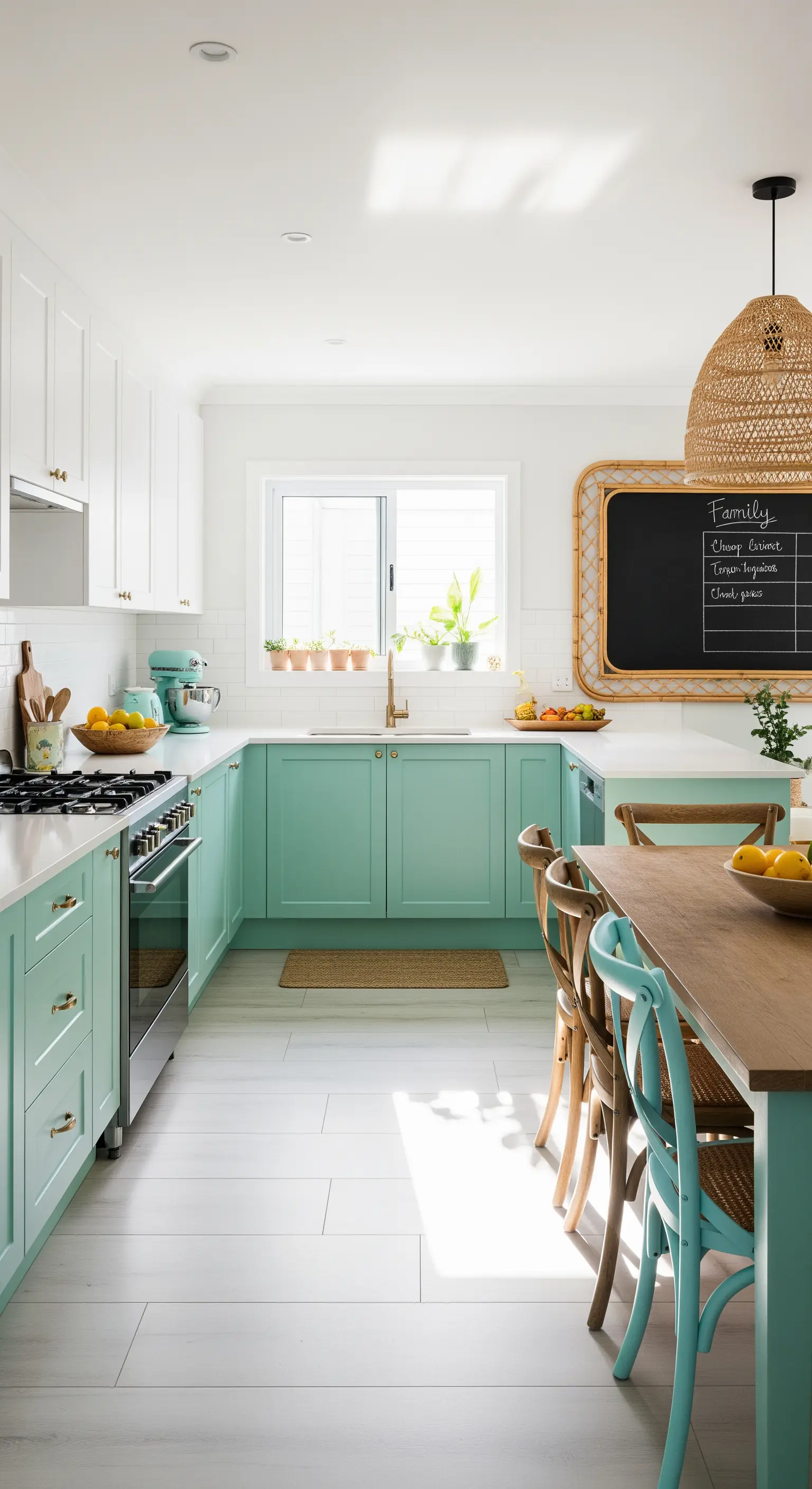 Cucina a U bicolore con lavagna incorniciata in rattan per appunti di famiglia.