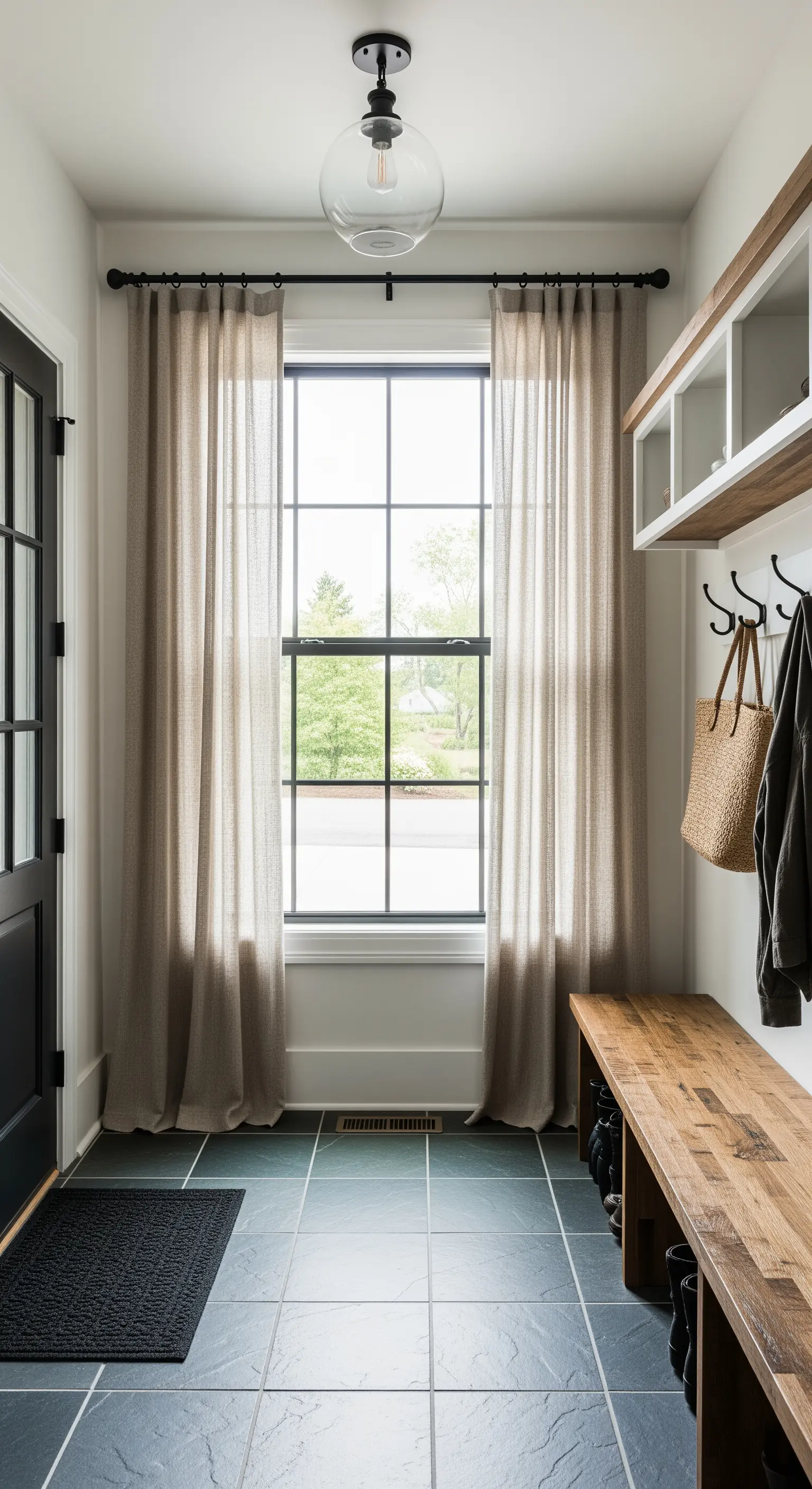 Ingresso funzionale con panca in legno, pavimento in ardesia e tende in lino color naturale.