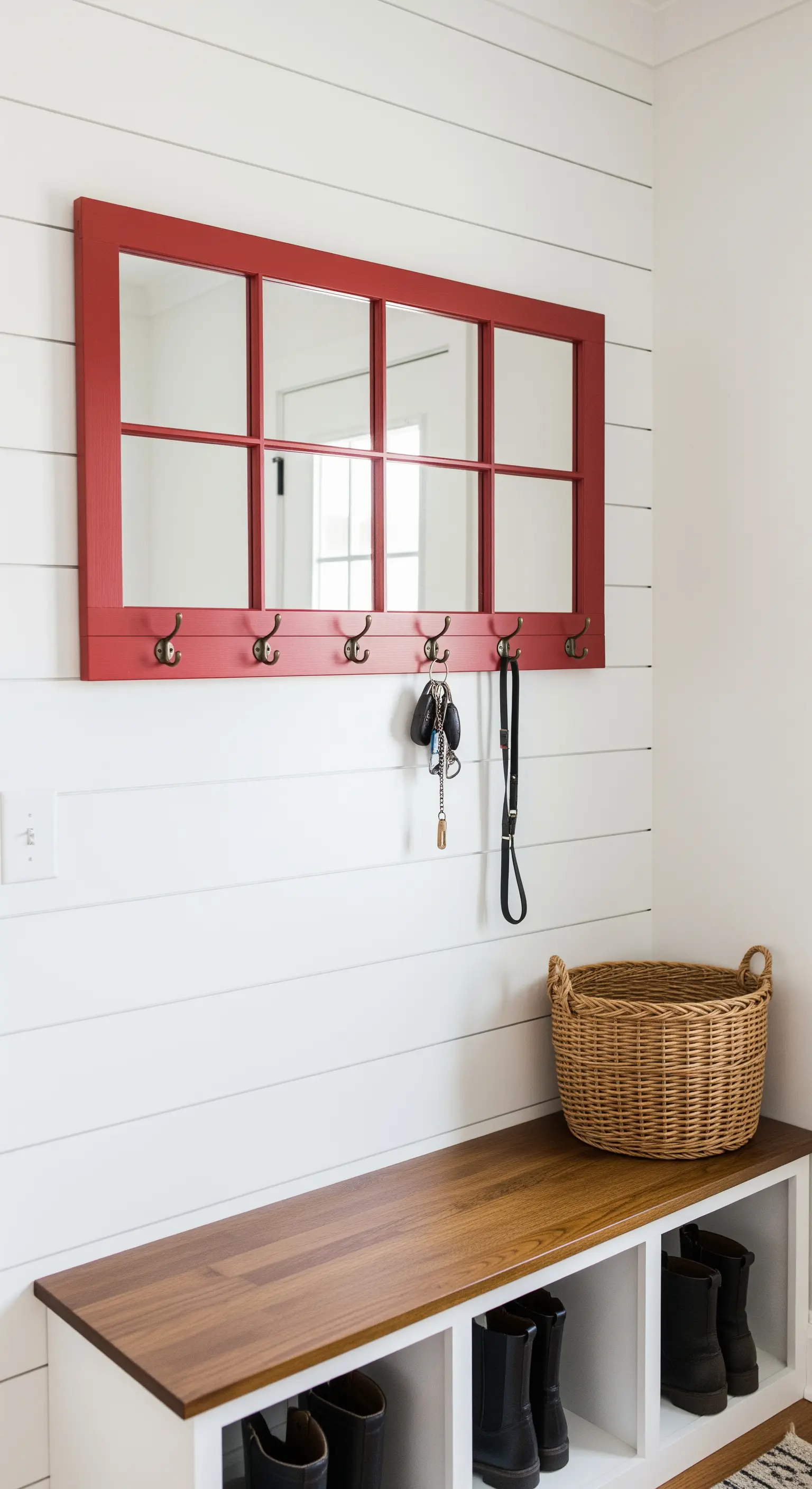 Specchio-finestra rosso con ganci appendiabiti integrati per l'ingresso.