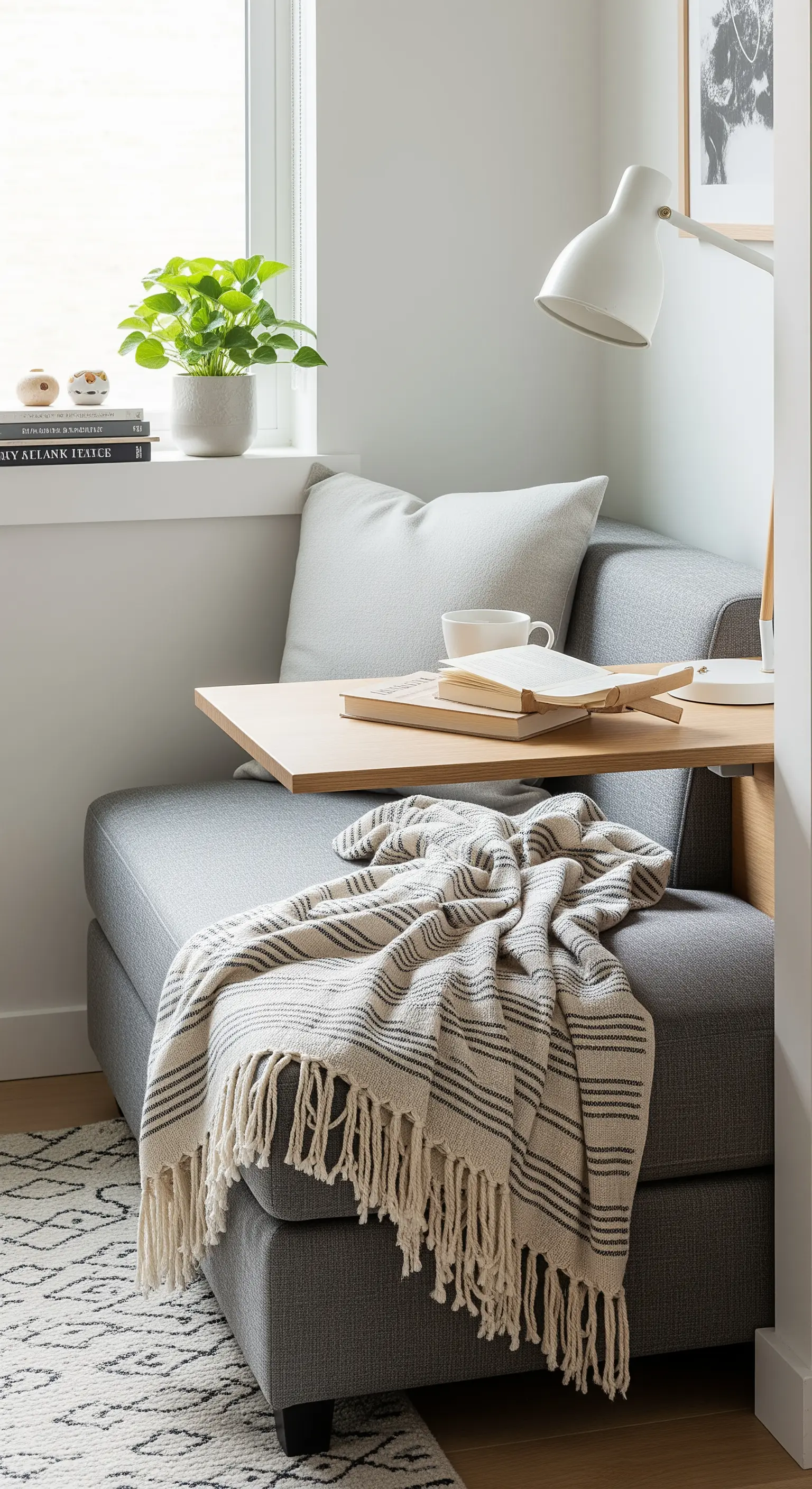 Poltrona grigia con un tavolino in legno integrato, coperta a righe e lampada da lettura bianca.