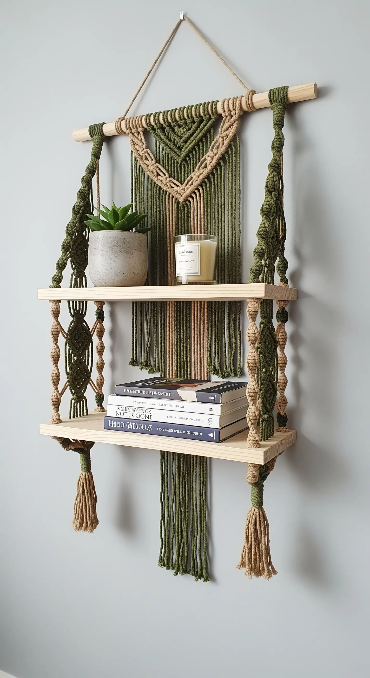 Mensola a due ripiani in legno chiaro sospesa con corde macramè color verde oliva e beige.