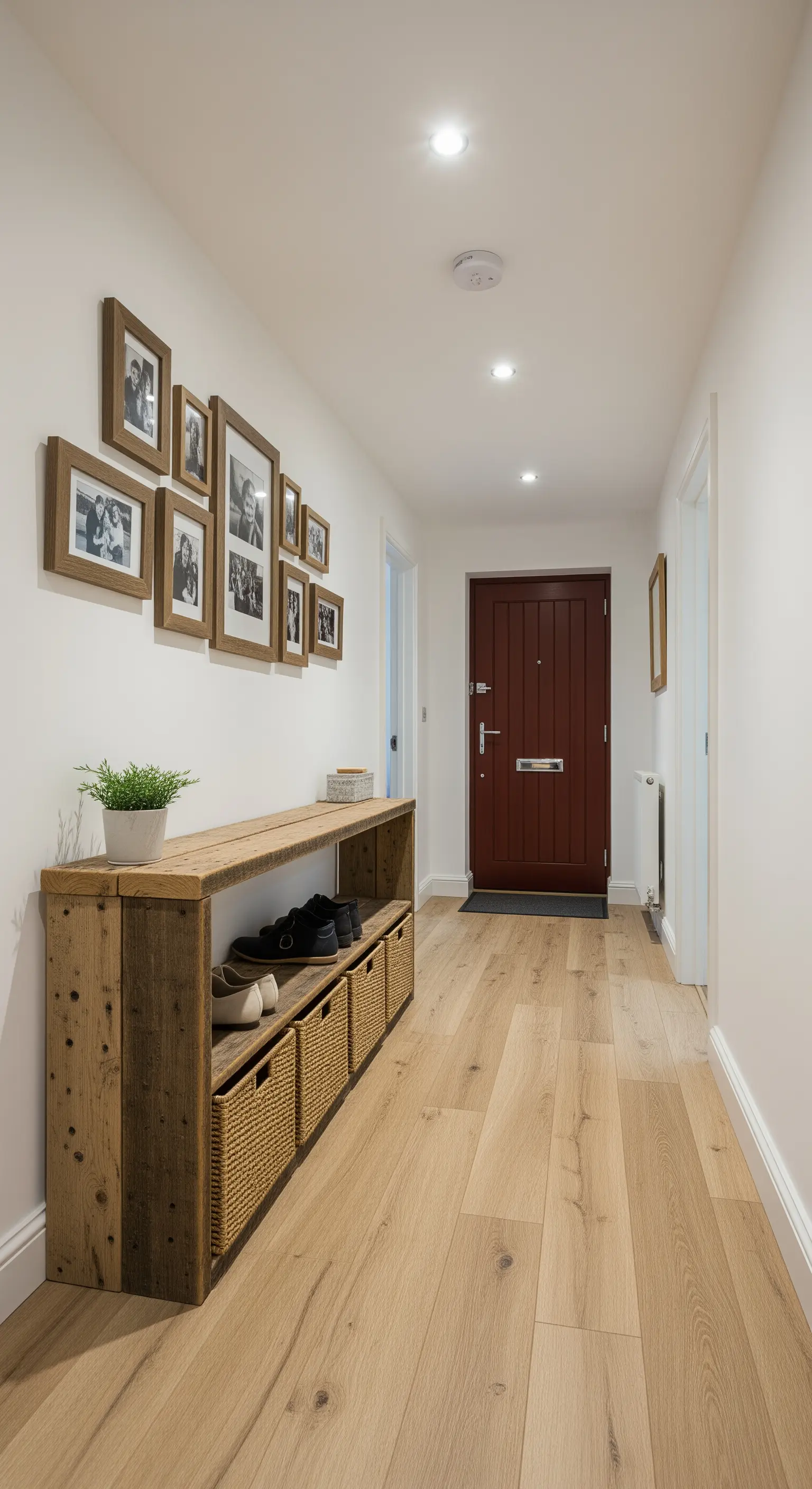 Consolle stretta in legno di recupero con cesti e una galleria di foto in bianco e nero alla parete.