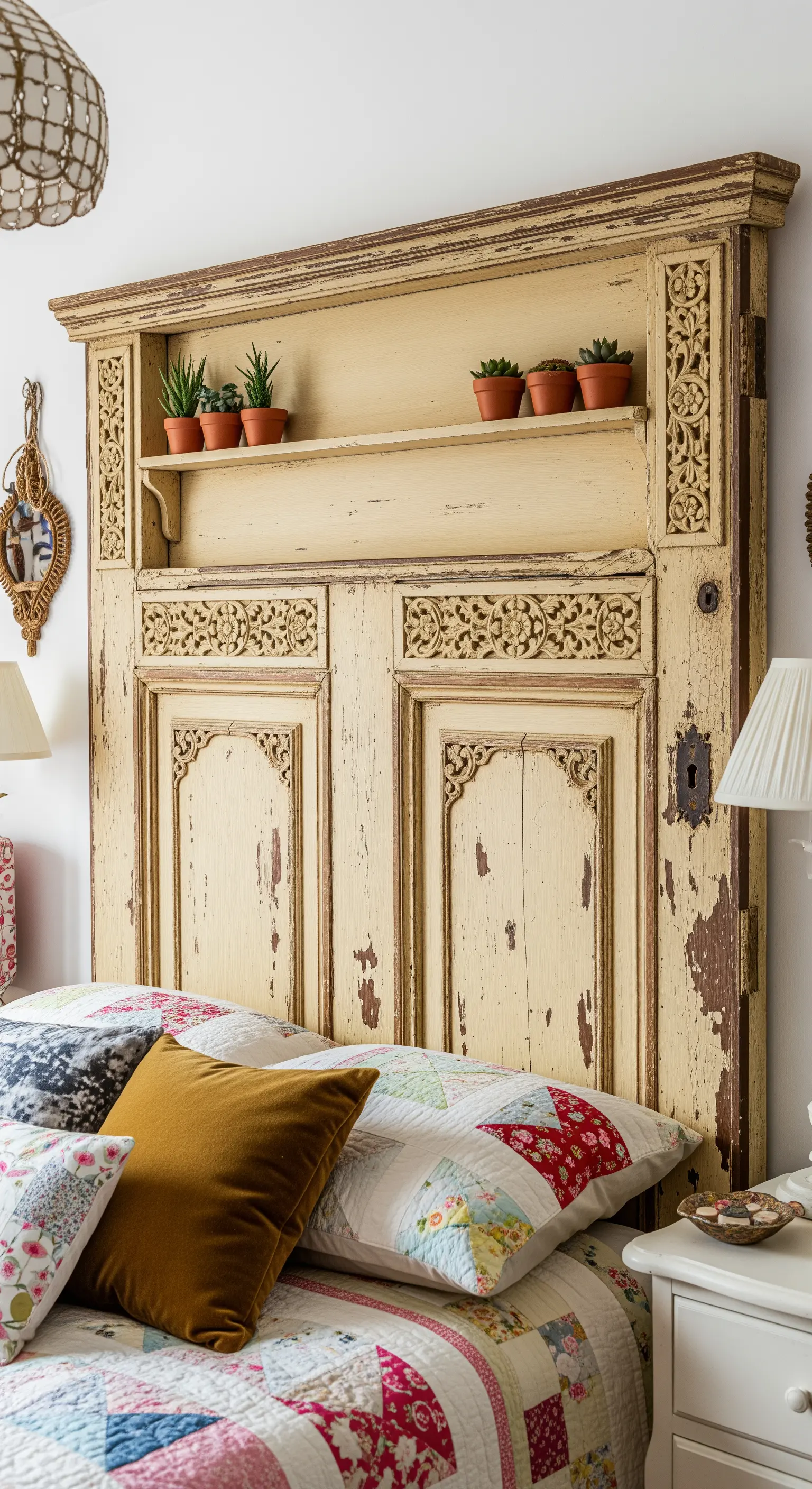 Porta antica intagliata color crema, usata come testiera con una mensola integrata.