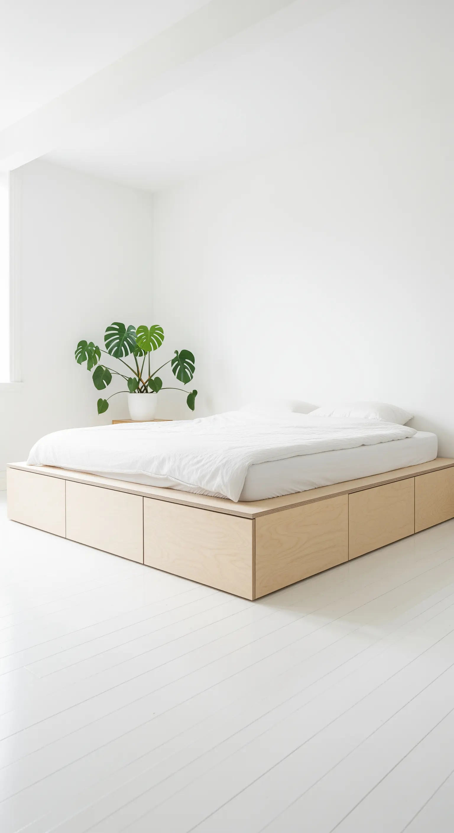 Letto a piattaforma in legno chiaro con cassettoni integrati in una stanza bianca.
