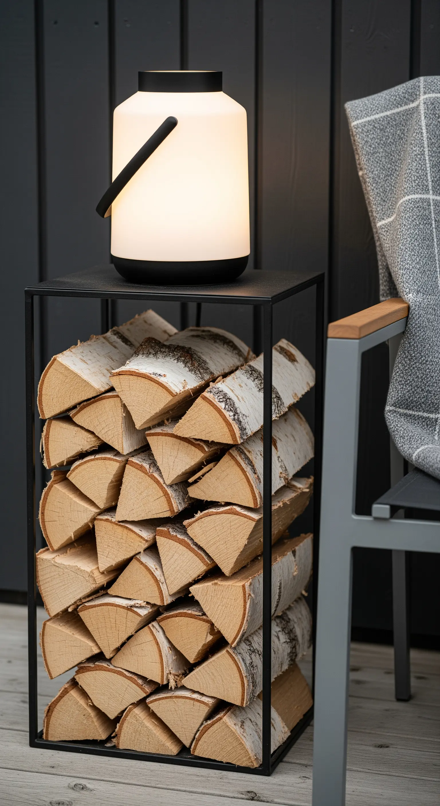 Portalegna in metallo nero con ceppi di betulla e una lanterna portatile a LED in cima.