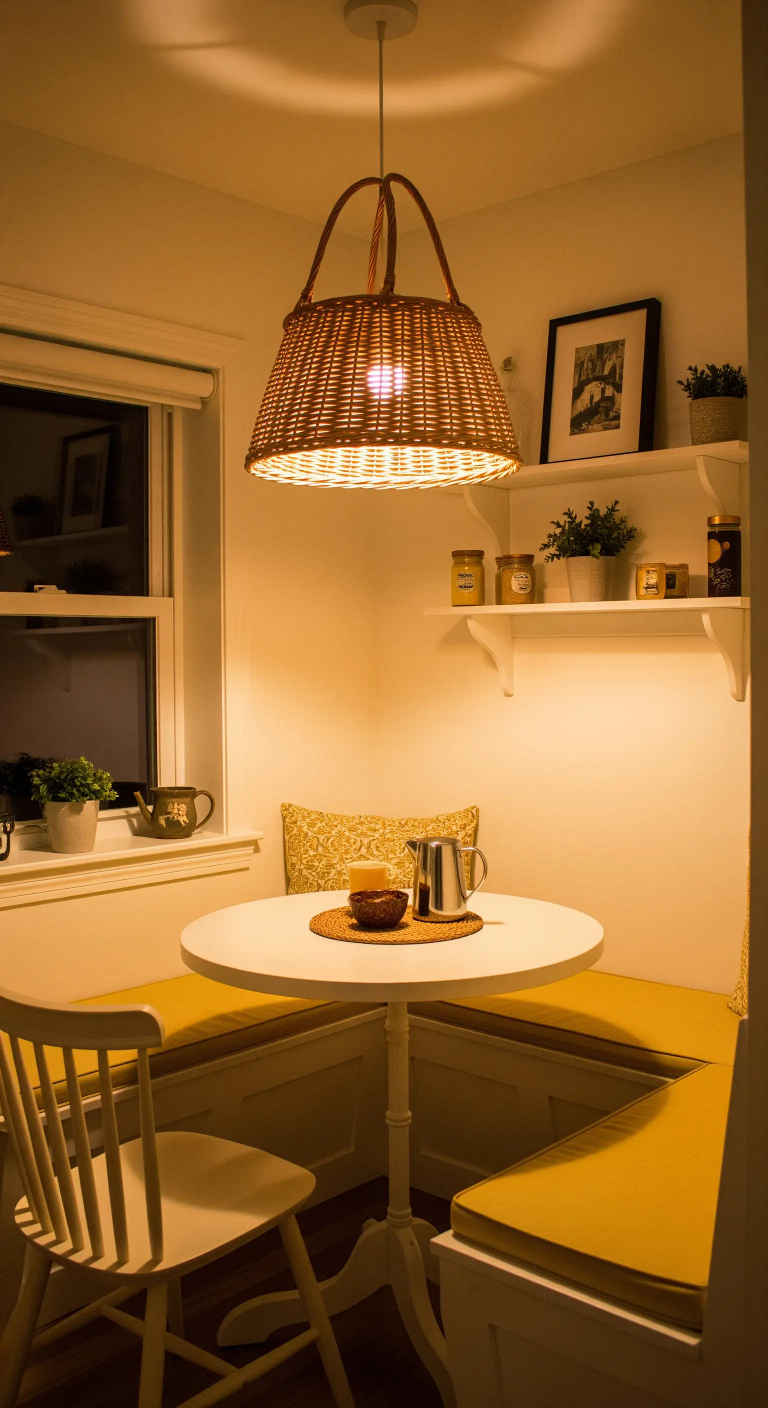 Cestino della spesa in vimini capovolto e usato come lampadario in un angolo colazione.