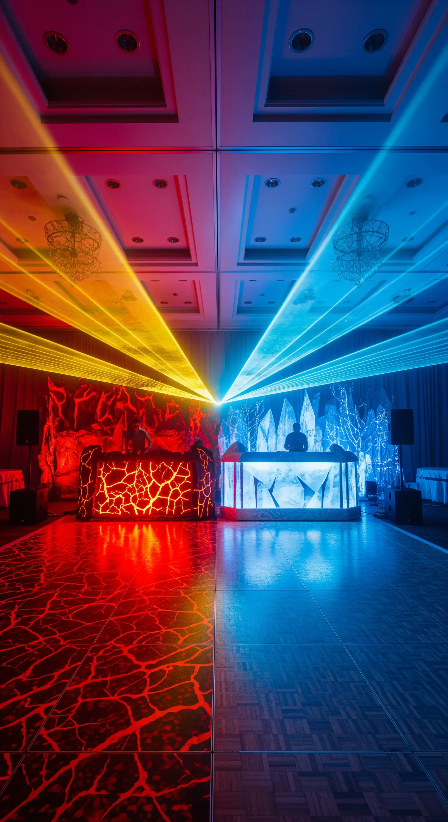 Due DJ booth contrapposti, uno a tema lava e uno a tema ghiaccio, con laser colorati.